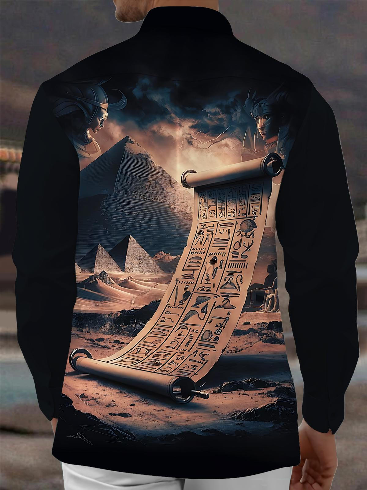 Vintage Scroll Pyramid Print Men's Pocket Long Sleeve Shirts