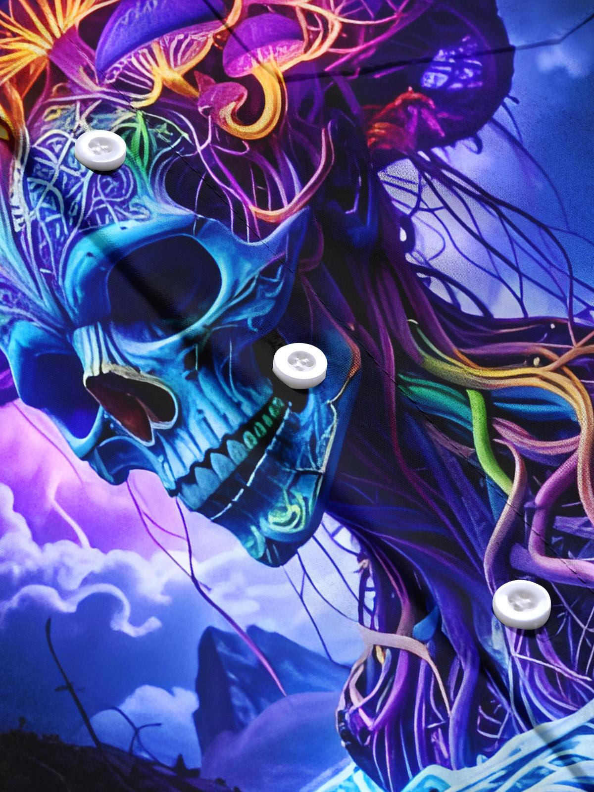 Mushroom Skull Print Men's Pocket Short Sleeve Shirts