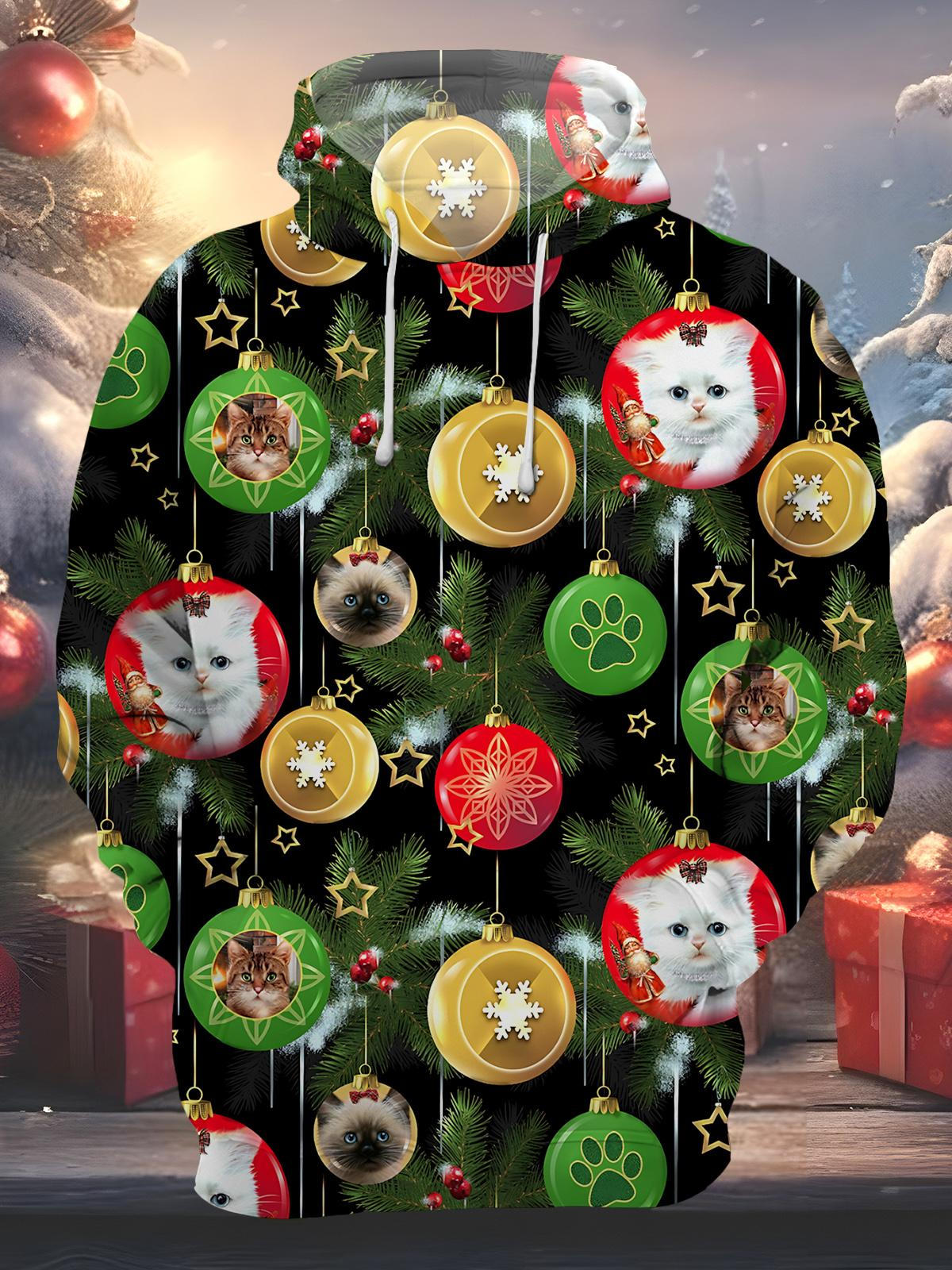Christmas Ball Cat Print Men's Long Sleeve Pocket Hoodies