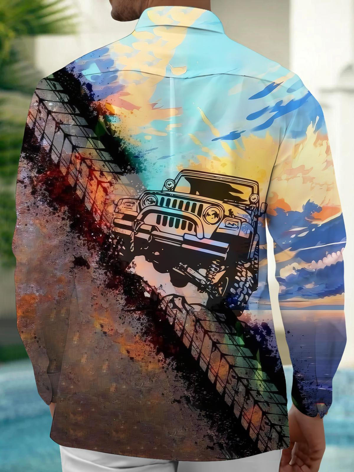 Car Print Men's Pocket Long Sleeve Shirts