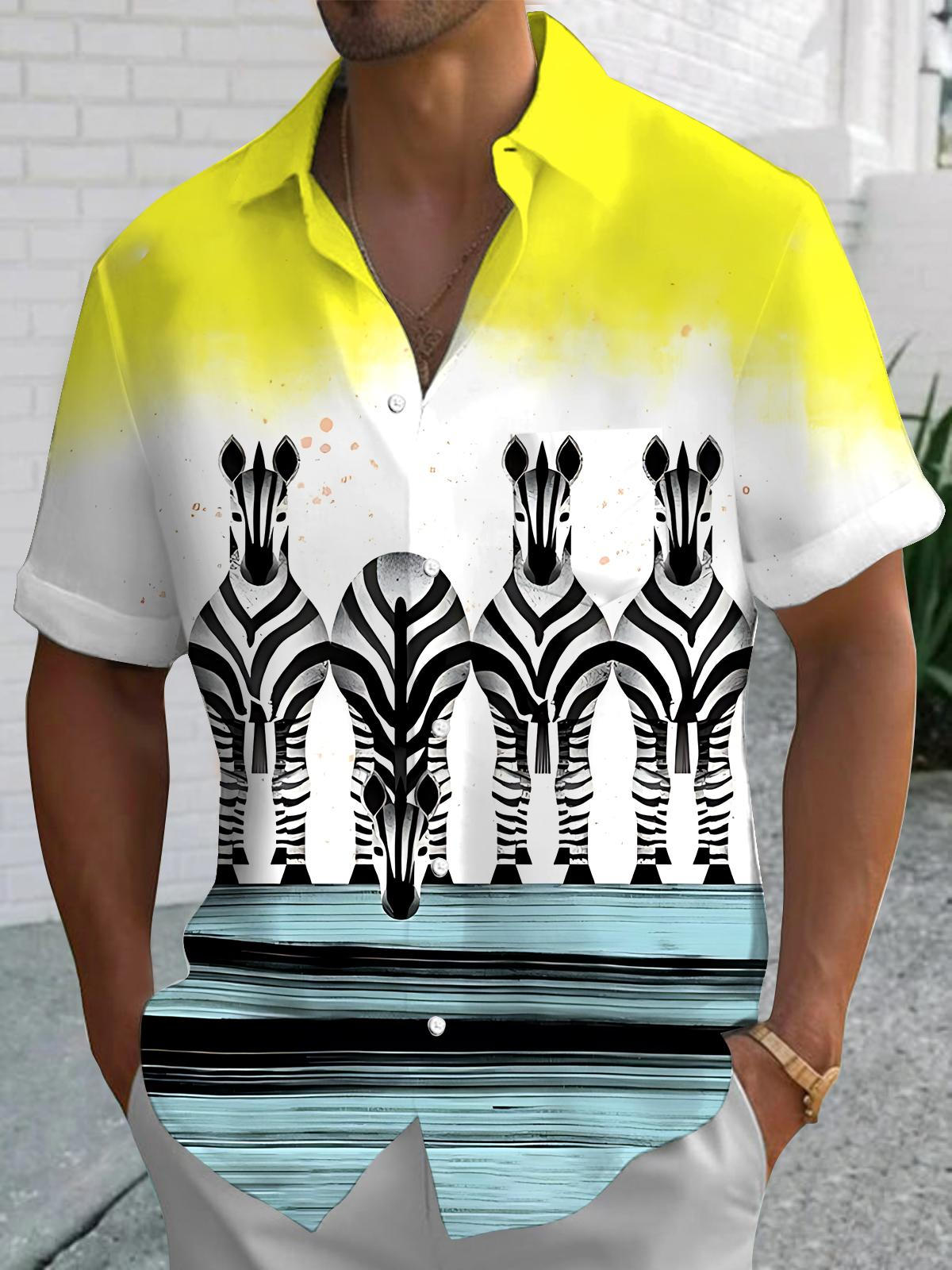 Zebra Gradient Print Men's Pocket Short Sleeve Shirts