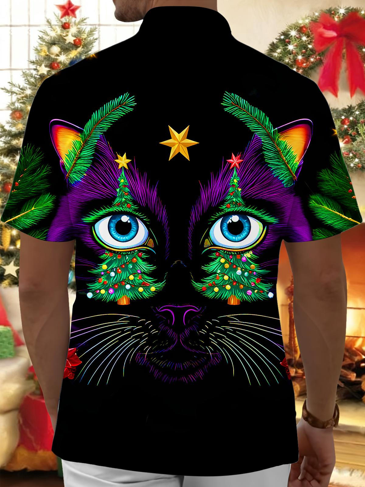 Fun Christmas Tree Cat Eyes Xmas Men's Pocket Short Sleeve Shirts