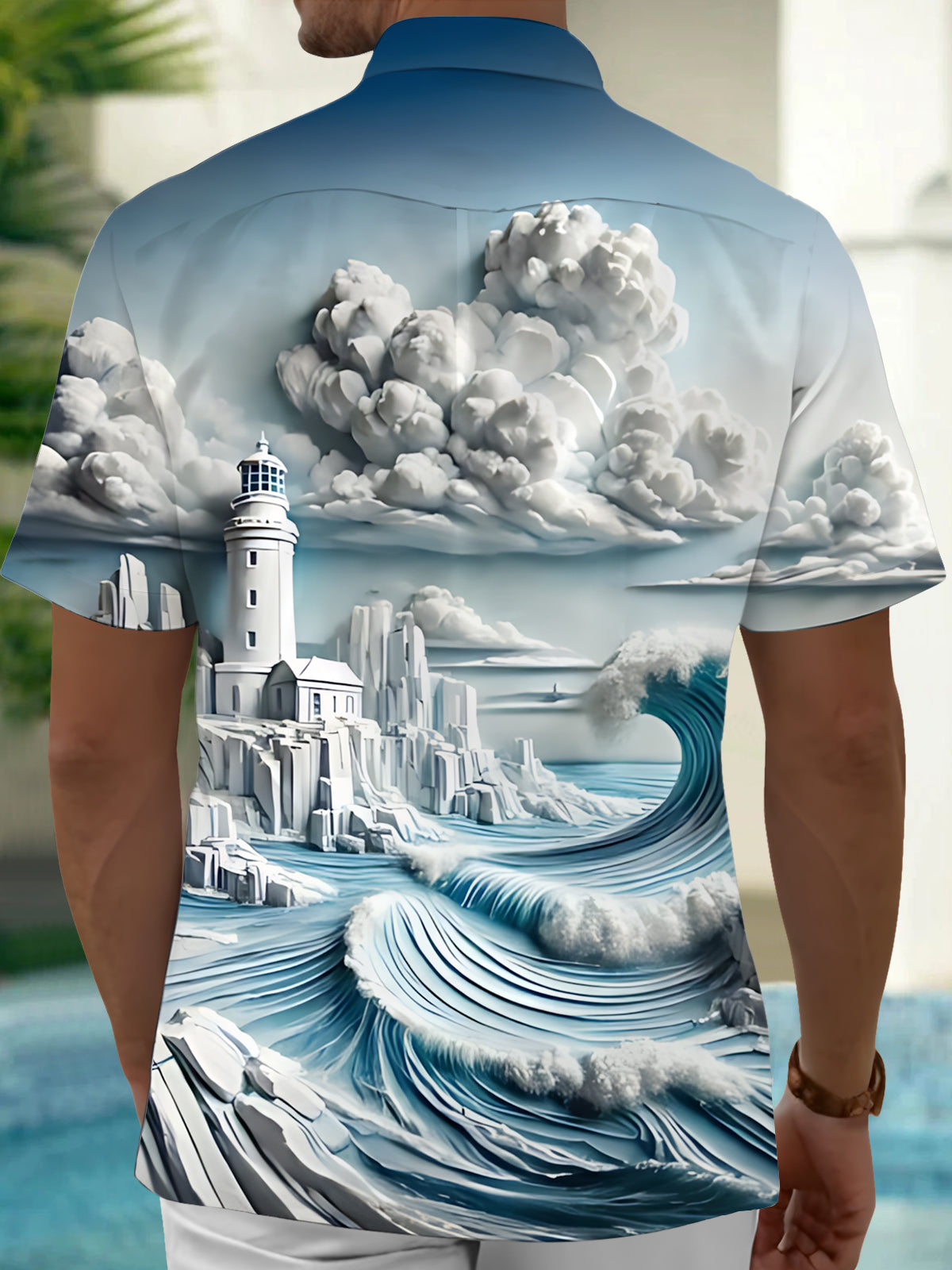 Lighthouse Clouds Waves Art Print Men's Pocket Short Sleeve Shirts