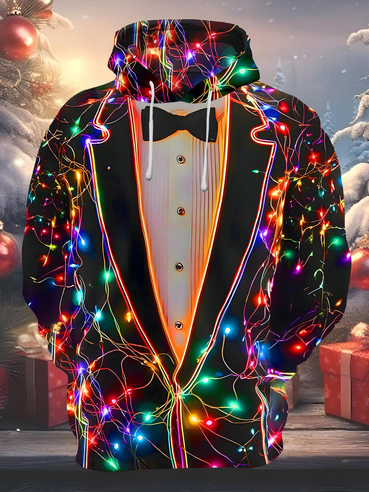 Funny Fairy Lights Gentleman's Bow Tie Xmas Men's Long Sleeve Pocket Hoodies
