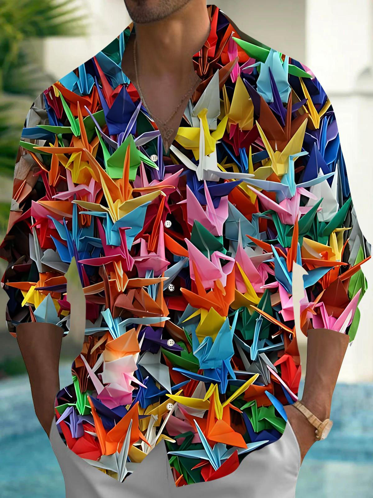 Paper Cranes Print Men's Pocket Long Sleeve Shirts
