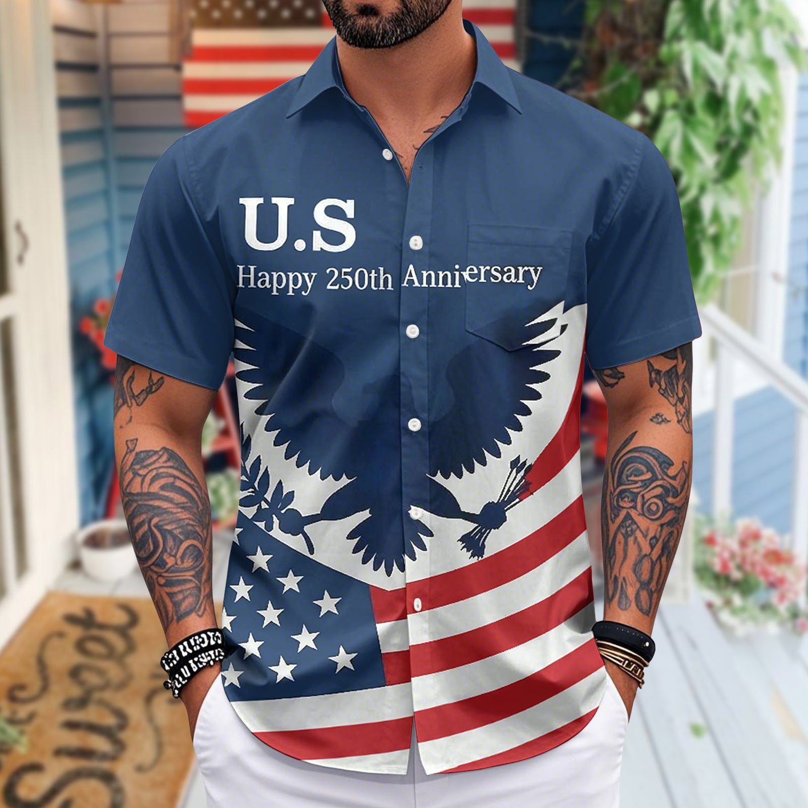 Patriotic Hawaiian Shirts for Men 250 Years Eagle Flag Patriotic Button Up Shirt Hawaiian Outfit for Parade sweetie