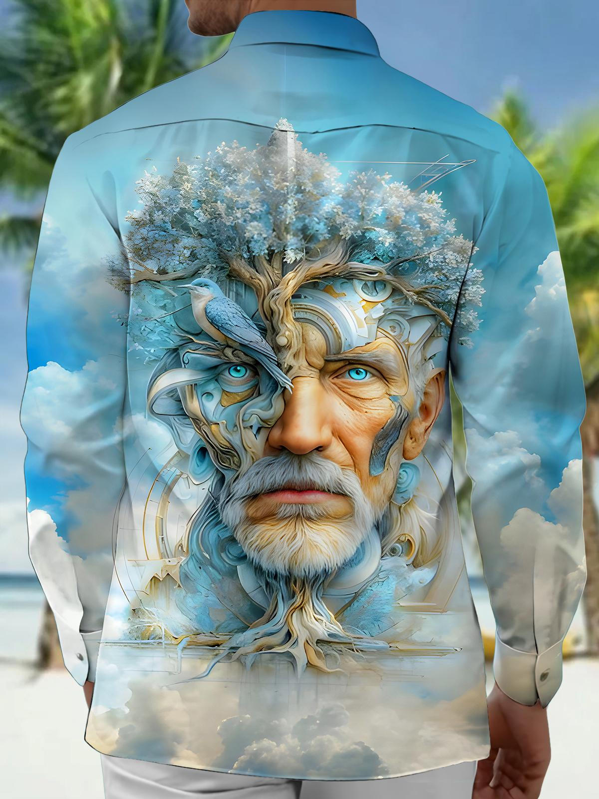 Art Wisdom Old Man Life Tree Bird Men's Pocket Long Sleeve Shirts