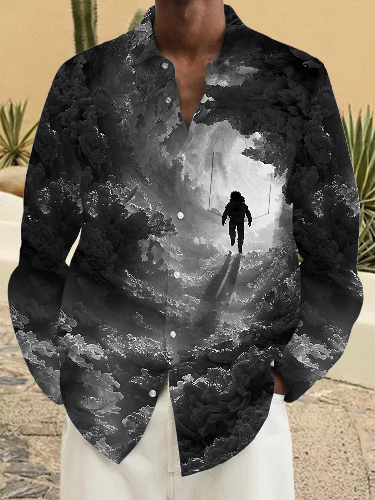 Cloud Astronaut Print Men's Pocket Long Sleeve Shirts