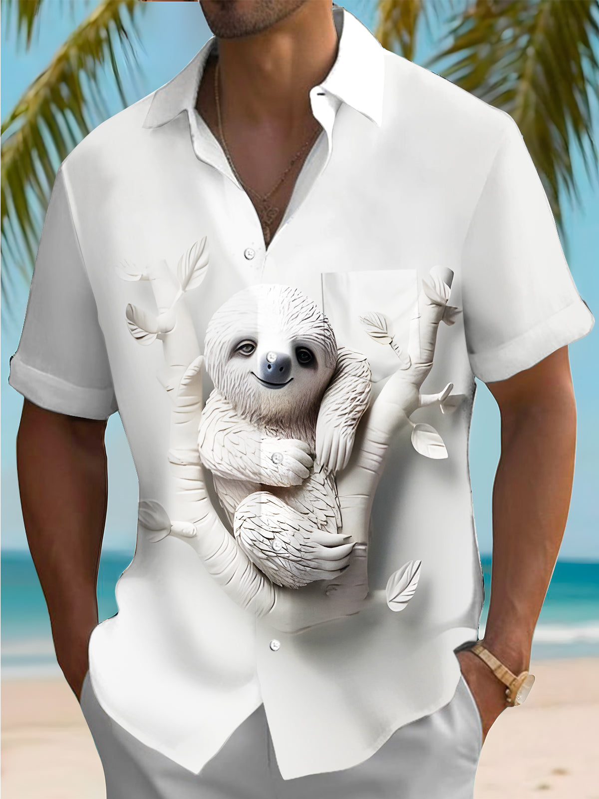 Art White Sloth Relief Men's Pocket Short Sleeve Shirts