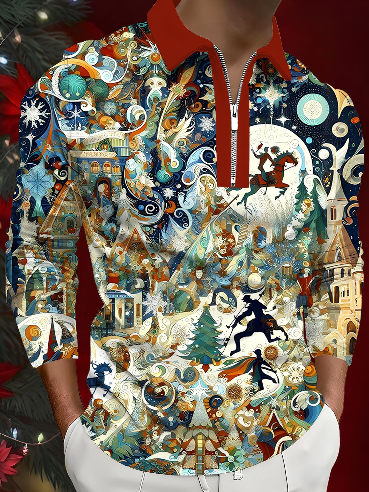 Christmas Men's Long Sleeve Zipper Polo