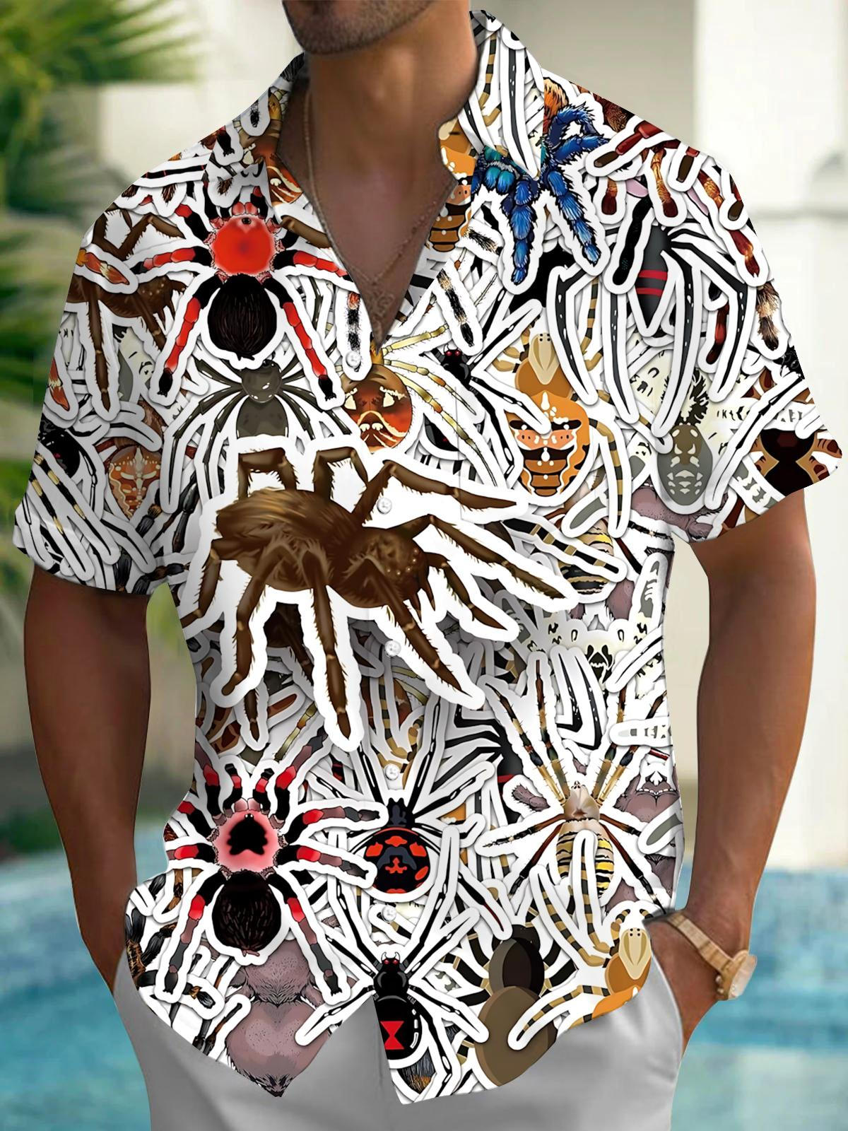 Spider Print Men's Pocket Short Sleeve Shirts