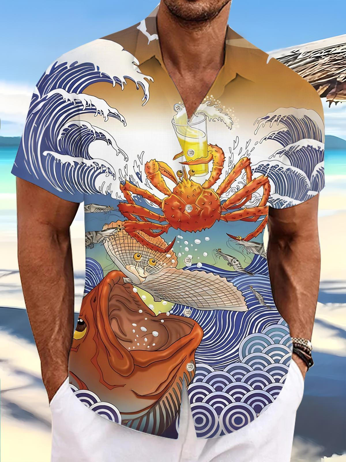 Ukiyo-e Marine Life Beer Print Men's Pocket Short Sleeve Shirts
