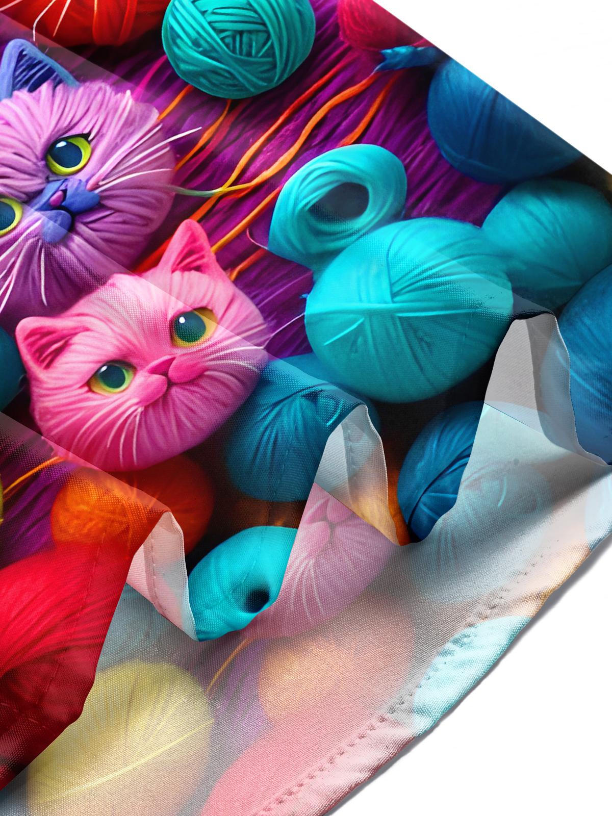 Fun Yarn Ball Cat Men's Pocket Short Sleeve Cuban Collar Shirts