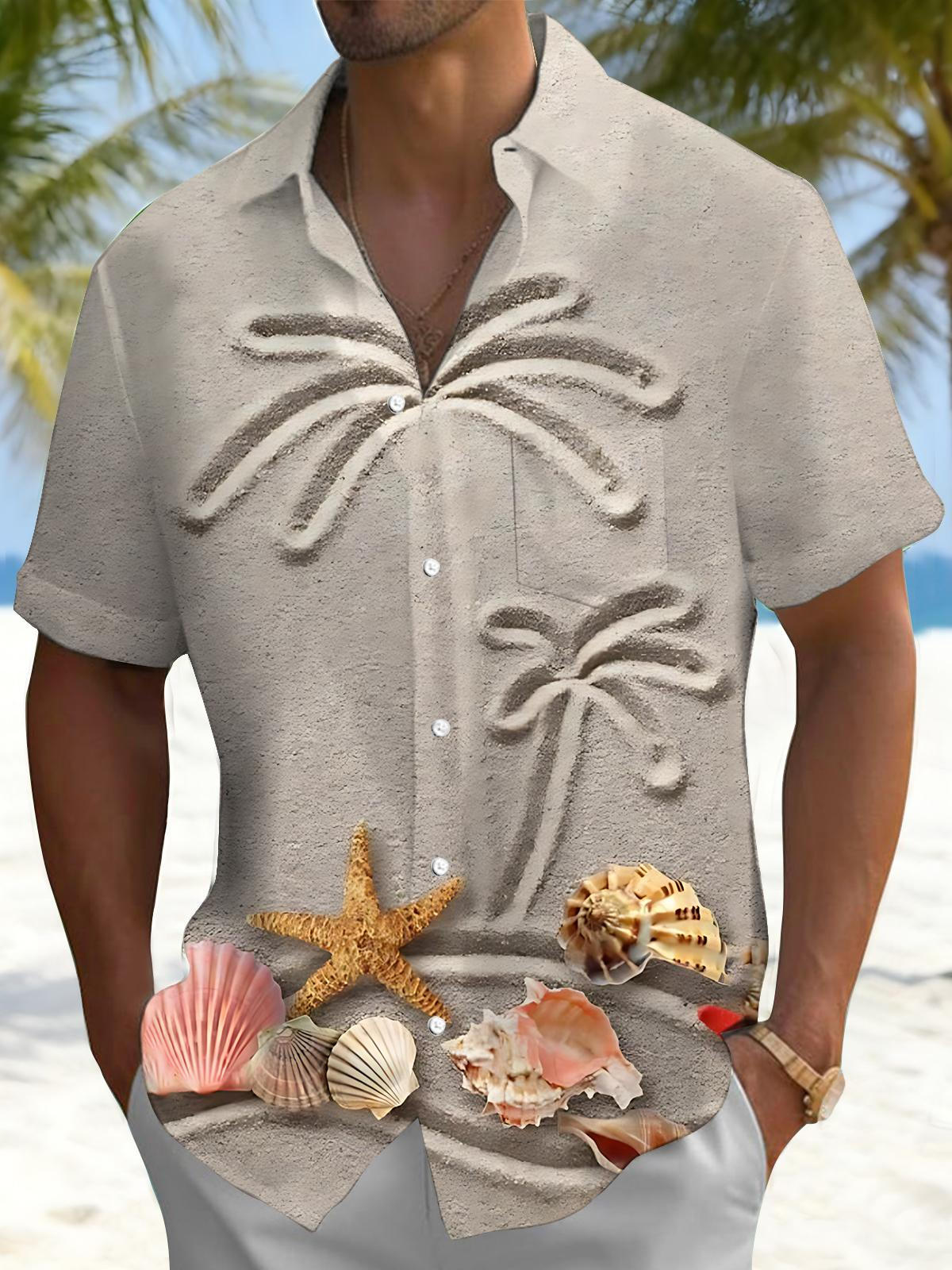 Beach Shell Palm Tree Print Men's Pocket Short Sleeve Shirts