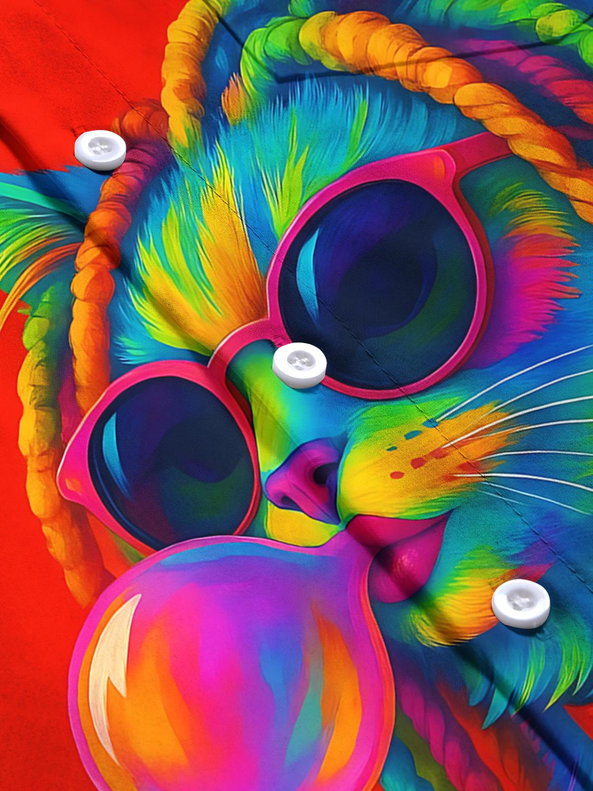 Funny Cat Print Men's Pocket Short Sleeve Shirts