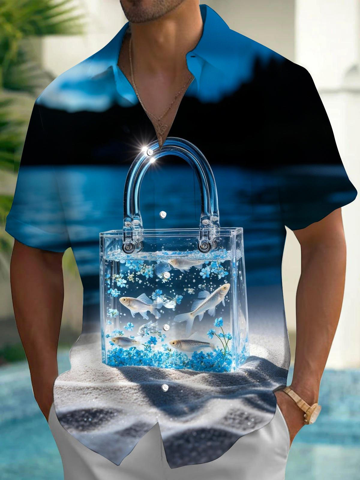 Beach Fish Art Print Men's Pocket Short Sleeve Shirts