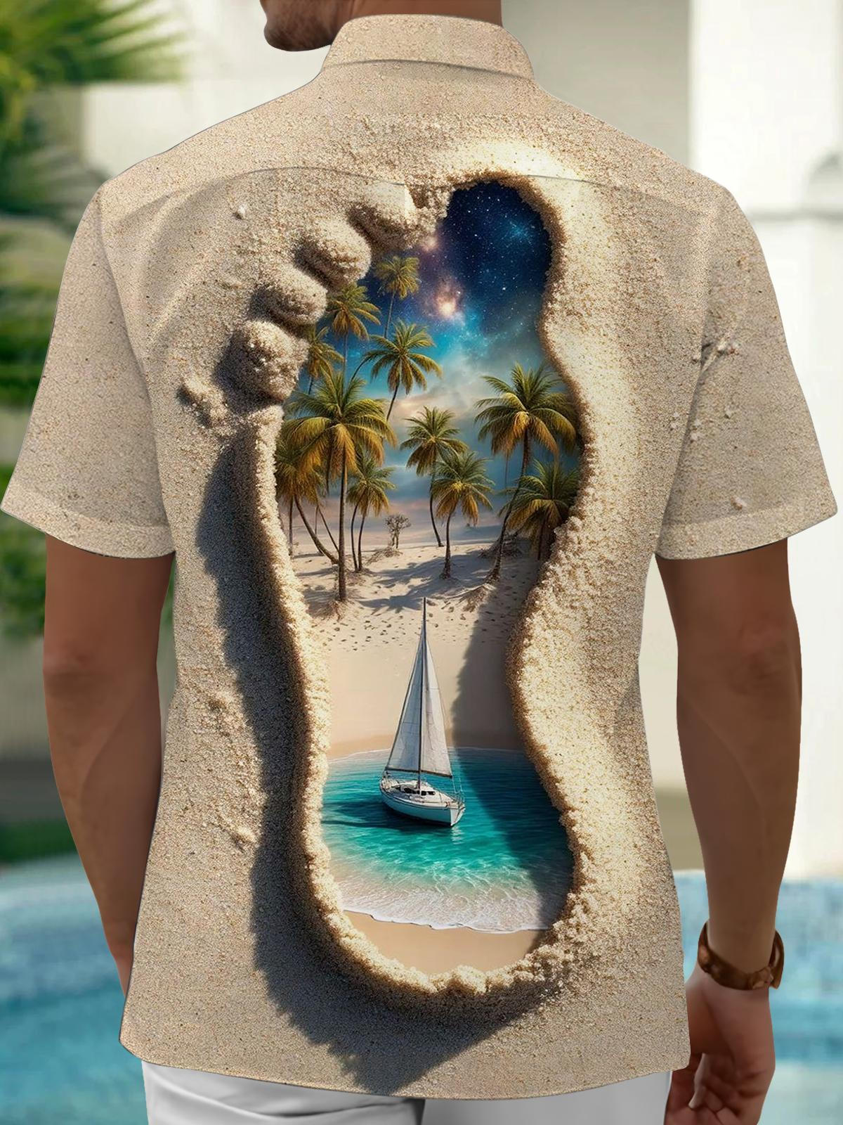 Hawaiian Coconut Palm Beach Footprints Men's Pocket Short Sleeve Shirts