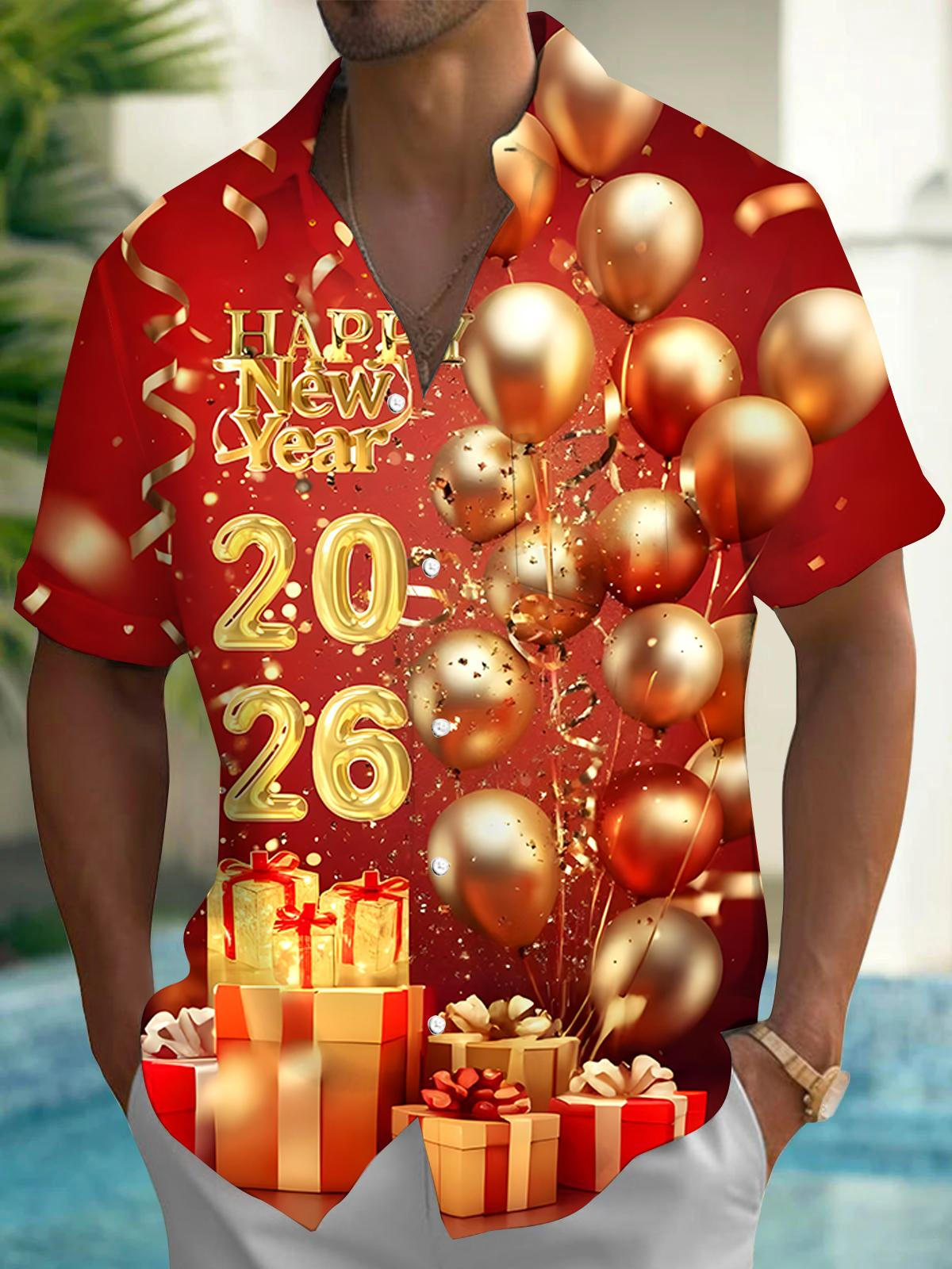 2026 New Year Balloon Men's Pocket Short Sleeve Shirts