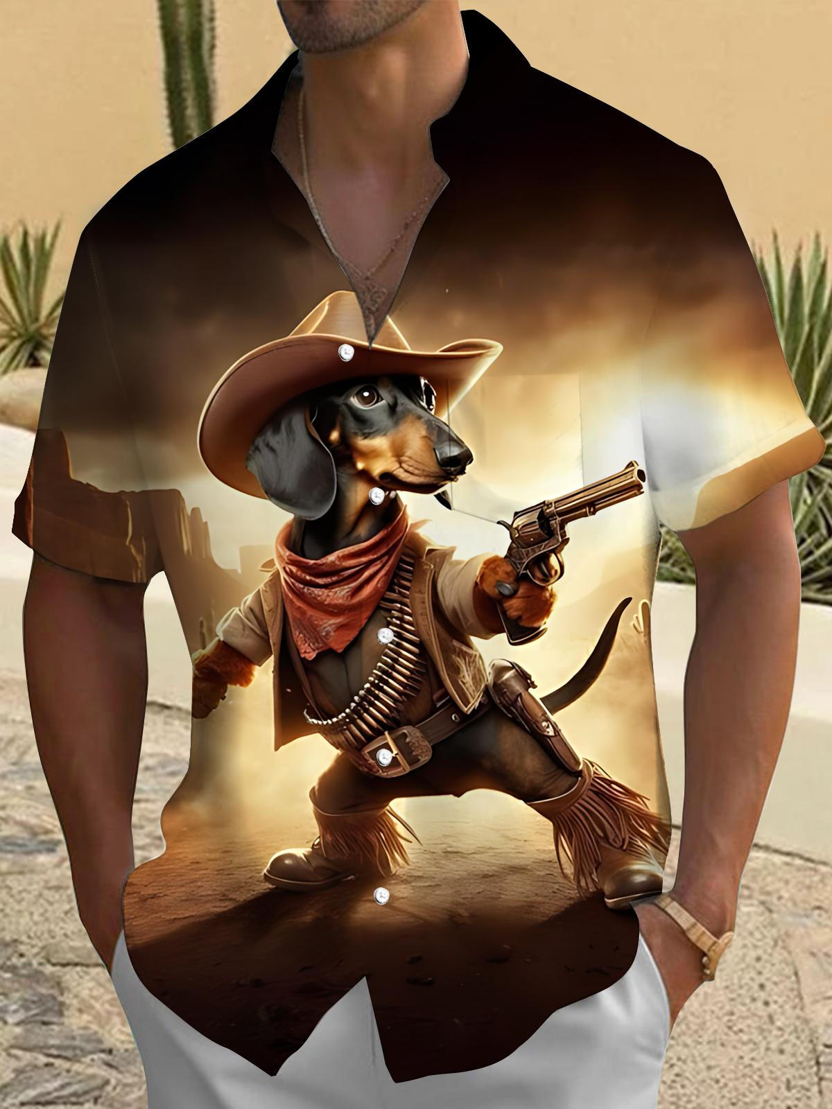 Western Cowboy Dachshund Print Men's Pocket Short Sleeve Shirts