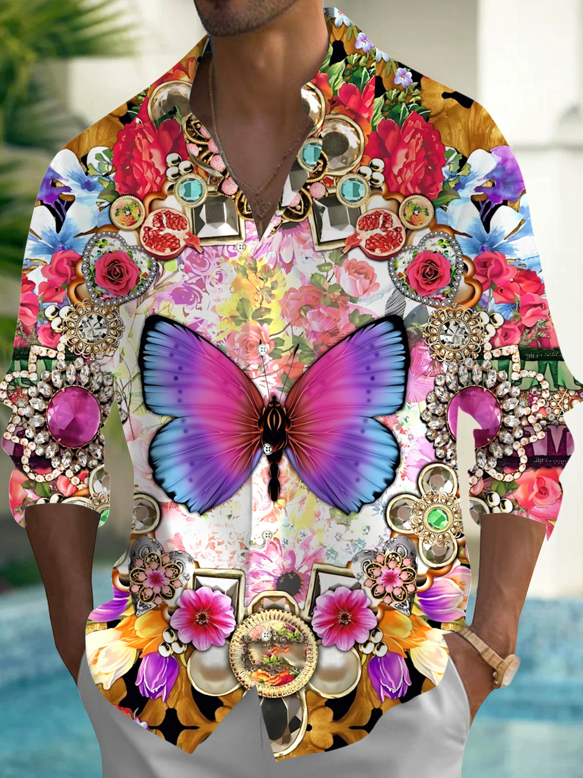 Butterfly Print Men's Pocket Long Sleeve Shirts