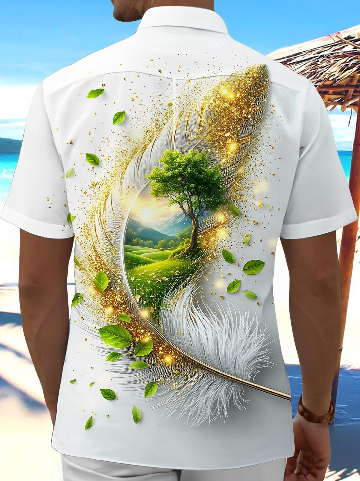 Feather Tree Print Men's Pocket Short Sleeve Shirts