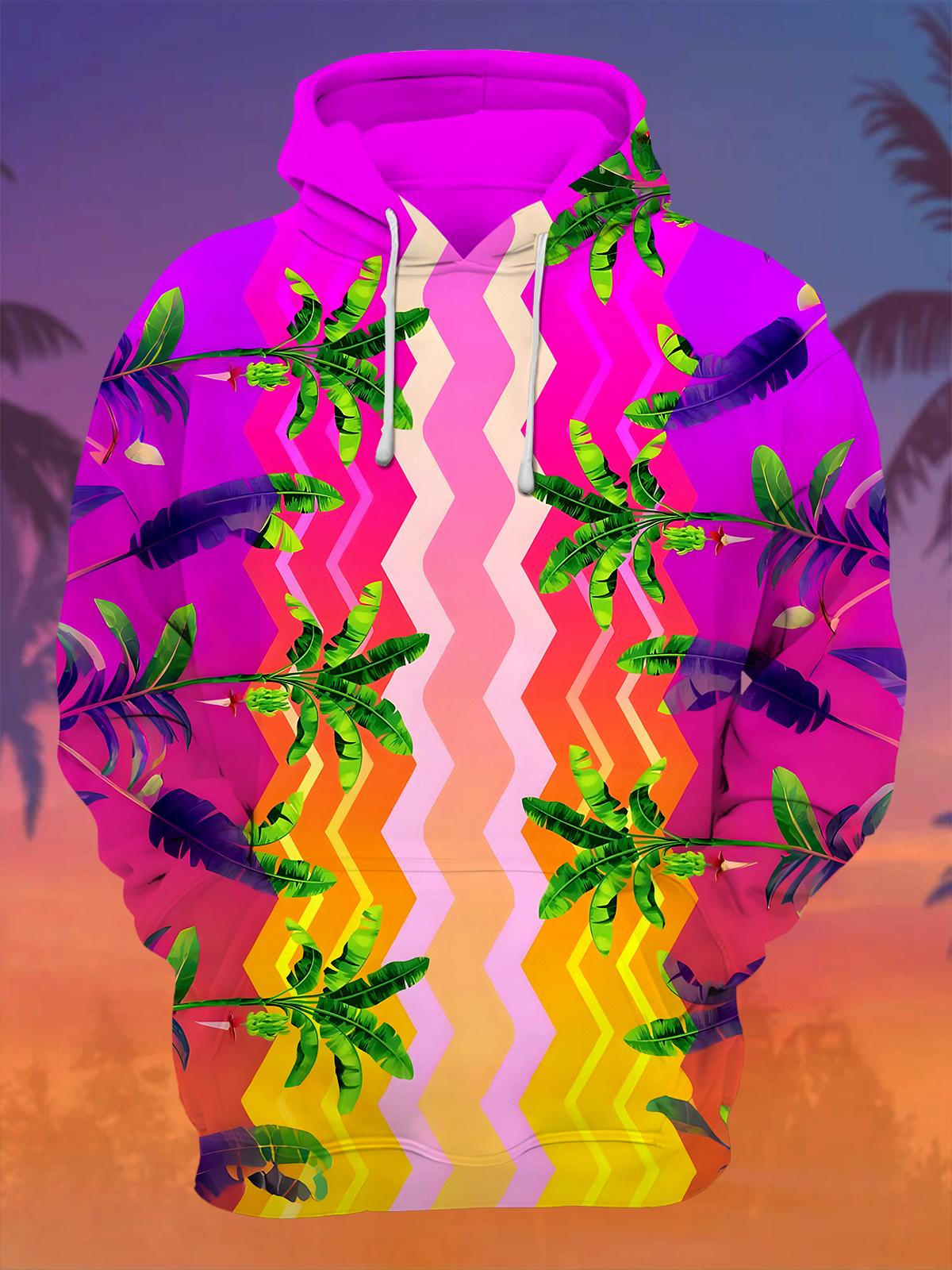 Hawaiian Leaf Geometry Men's Long Sleeve Printing Pocket Hooded Sweatshirt