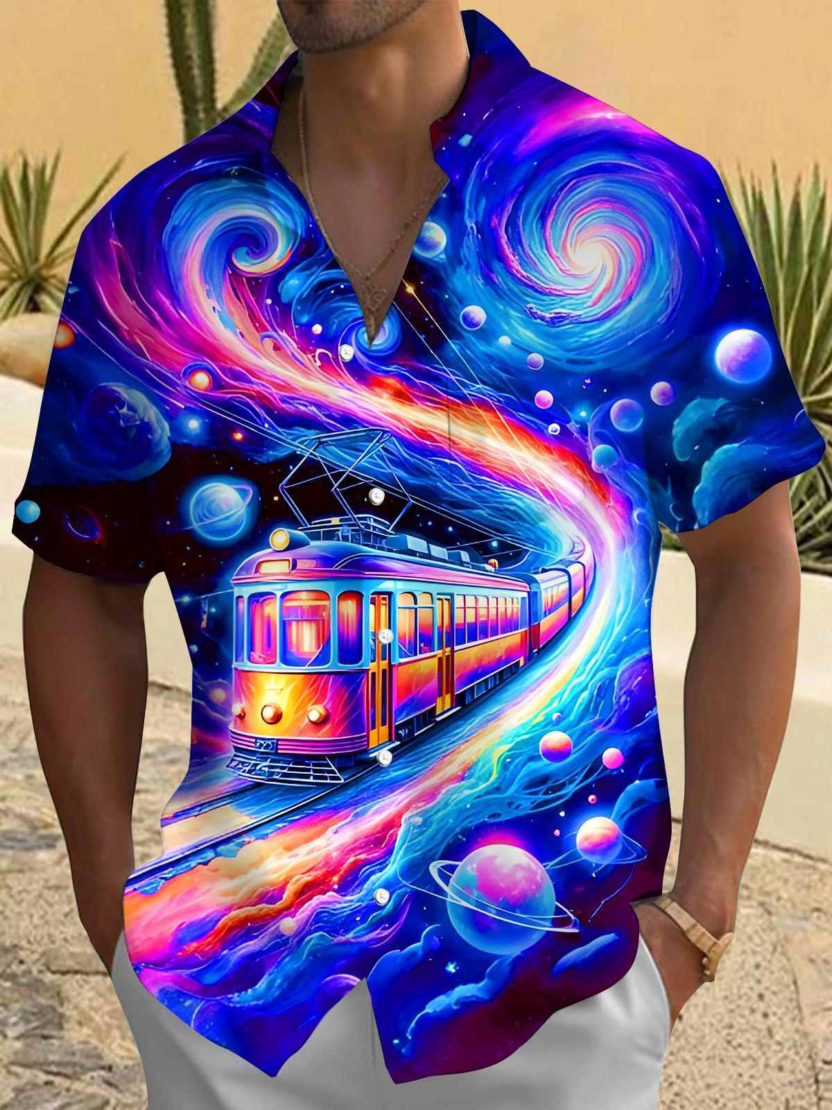 Psychedelic Interstellar Space Train Men's Pocket Short Sleeve Shirts