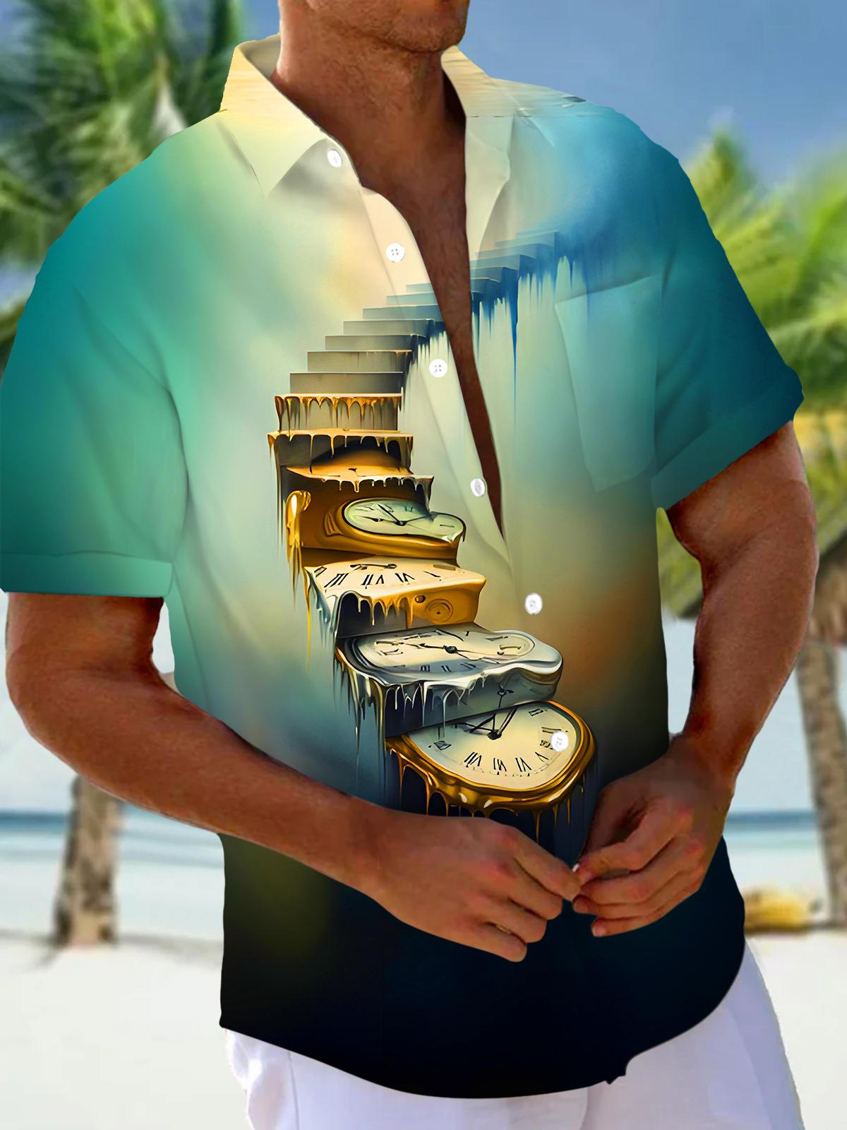 Fun Art Clock Stairs Men's Pocket Short Sleeve Shirts