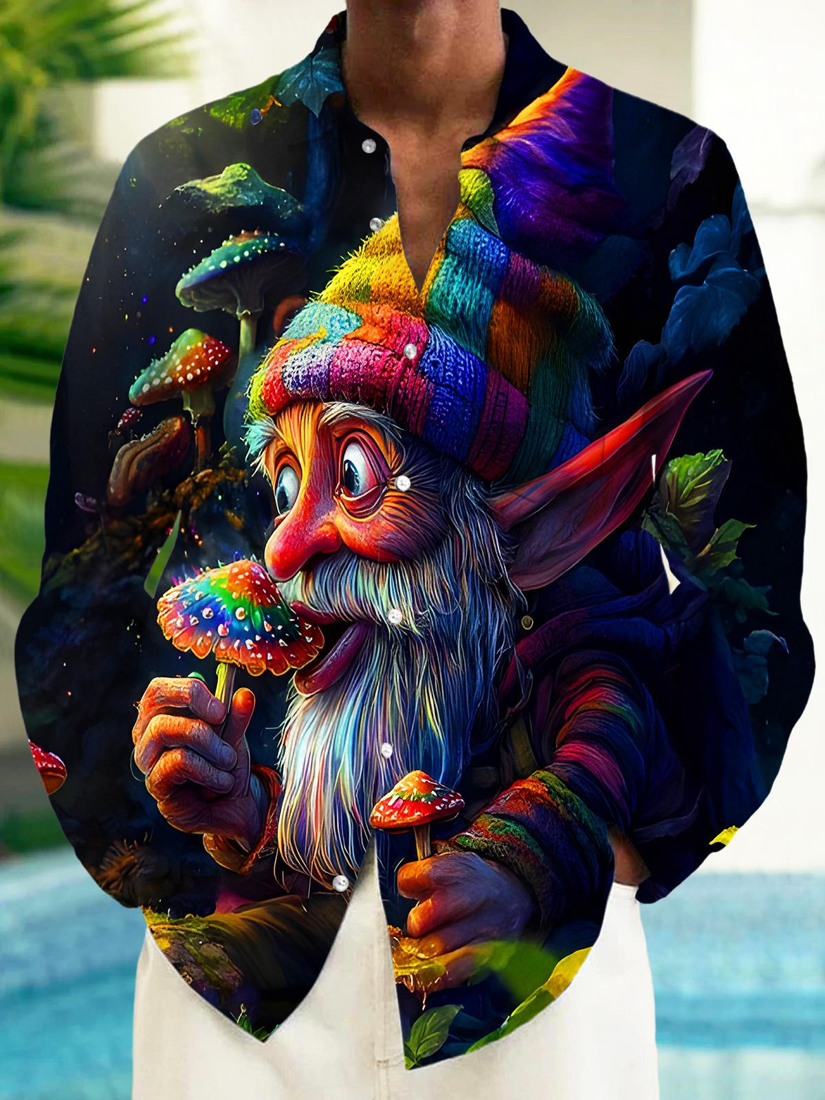 Funny Old Man Elf Mushroom Men's Pocket Long Sleeve Shirts