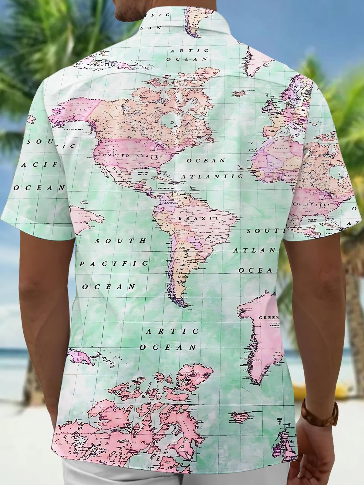 Map Print Men's Pocket Short Sleeve Shirts