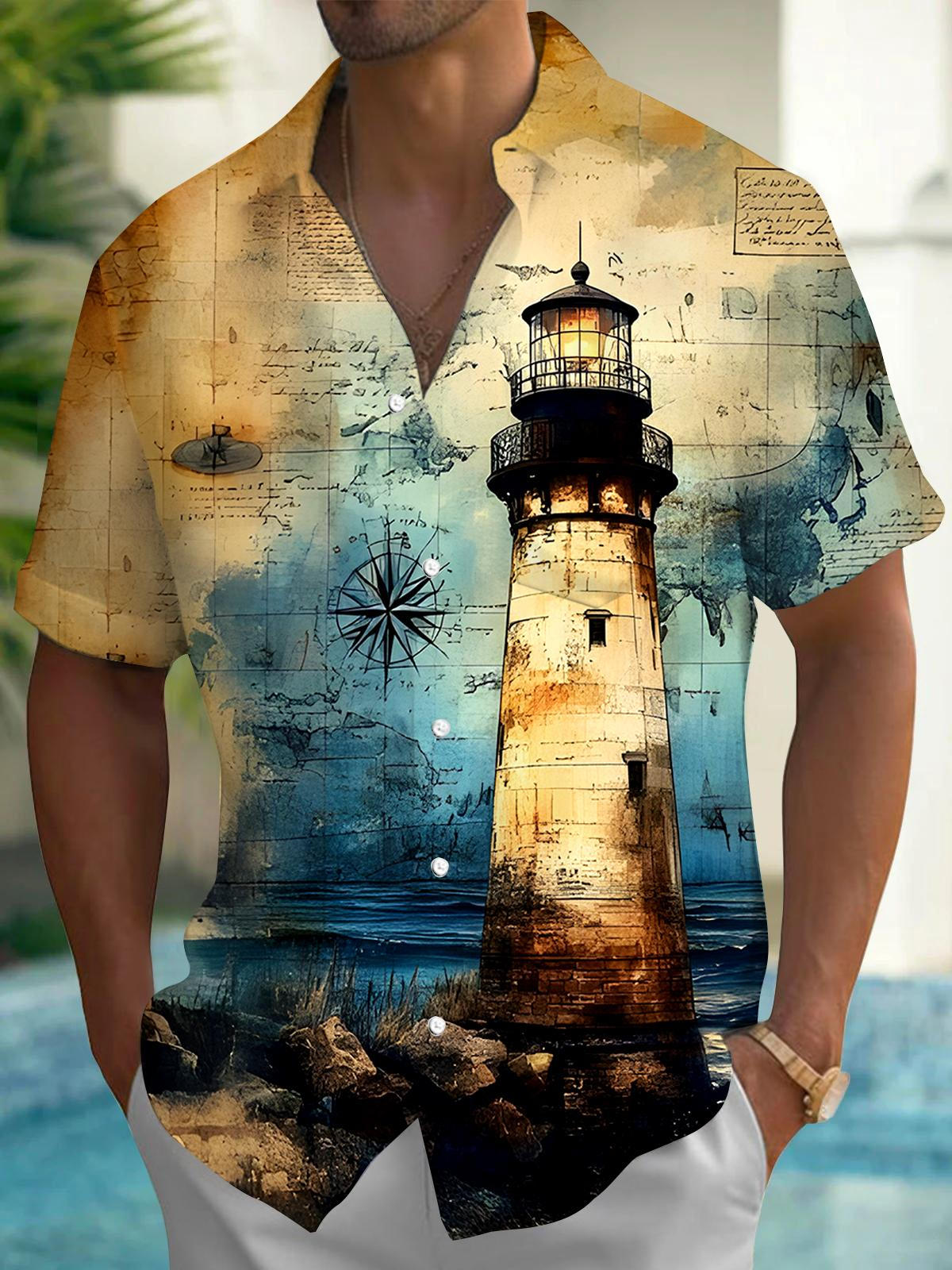 Vintage Lighthouse Men's Pocket Short Sleeve Shirts