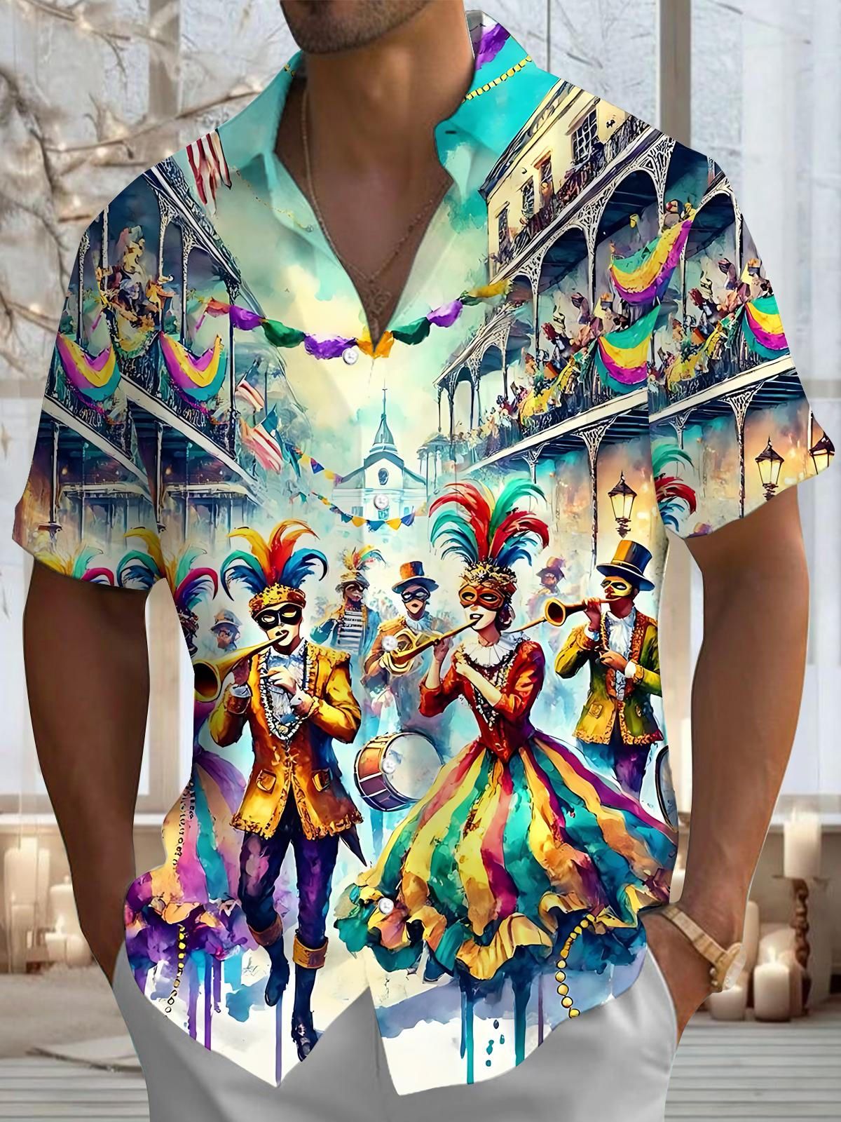 Mardi Gras Print Men's Pocket Short Sleeve Shirts