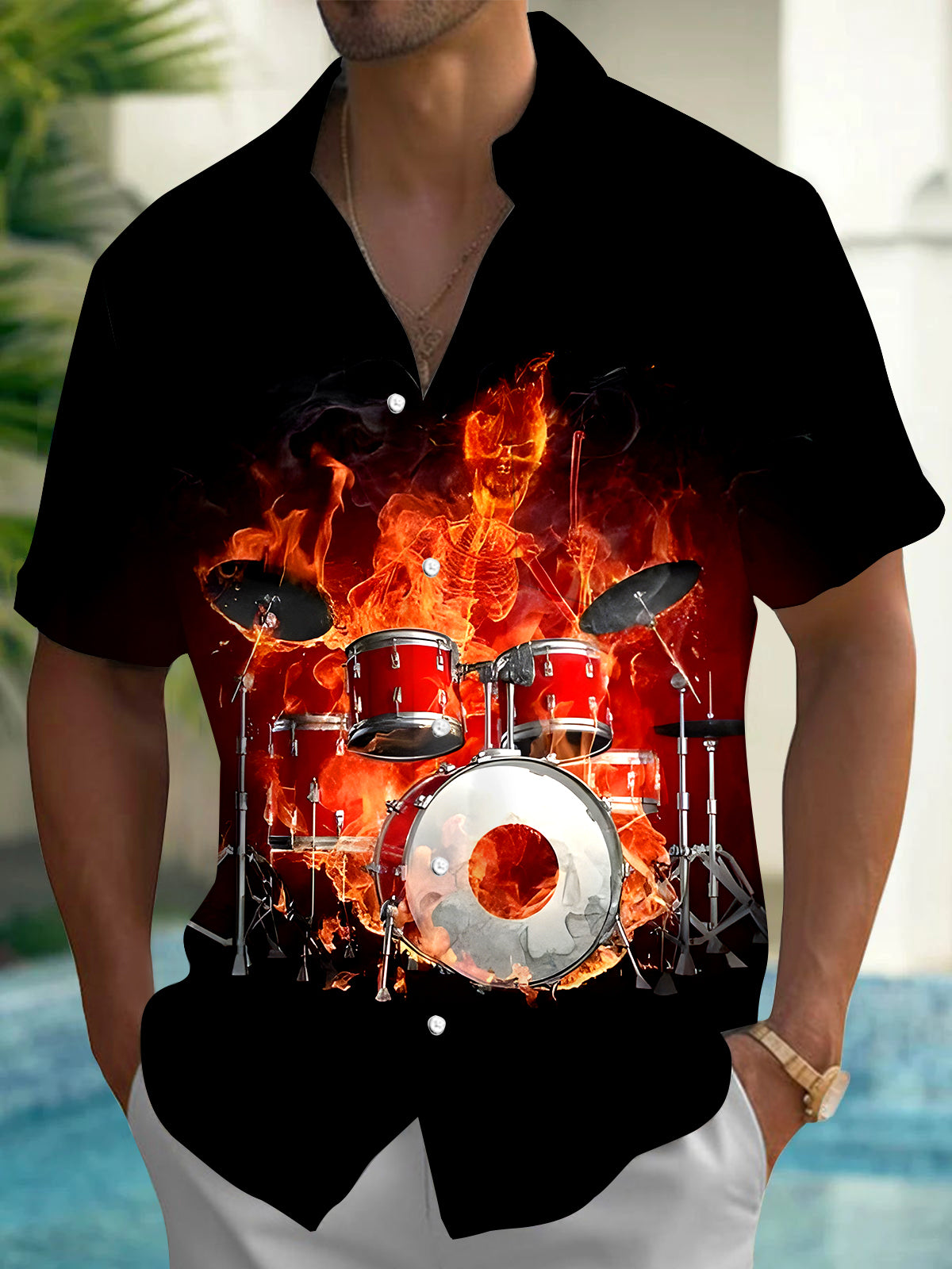 Skull Drum Kit Men's Pocket Short Sleeve Shirts