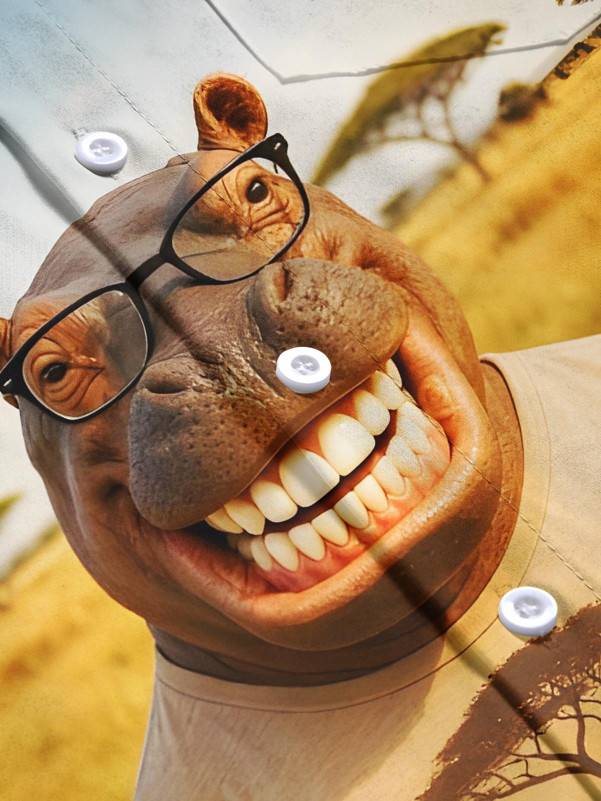 Funny Grinning Hippo Men's Pocket Short Sleeve Shirts