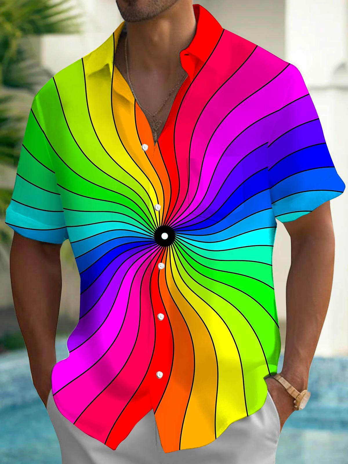 Rainbow Line Print Men's Pocket Short Sleeve Shirts
