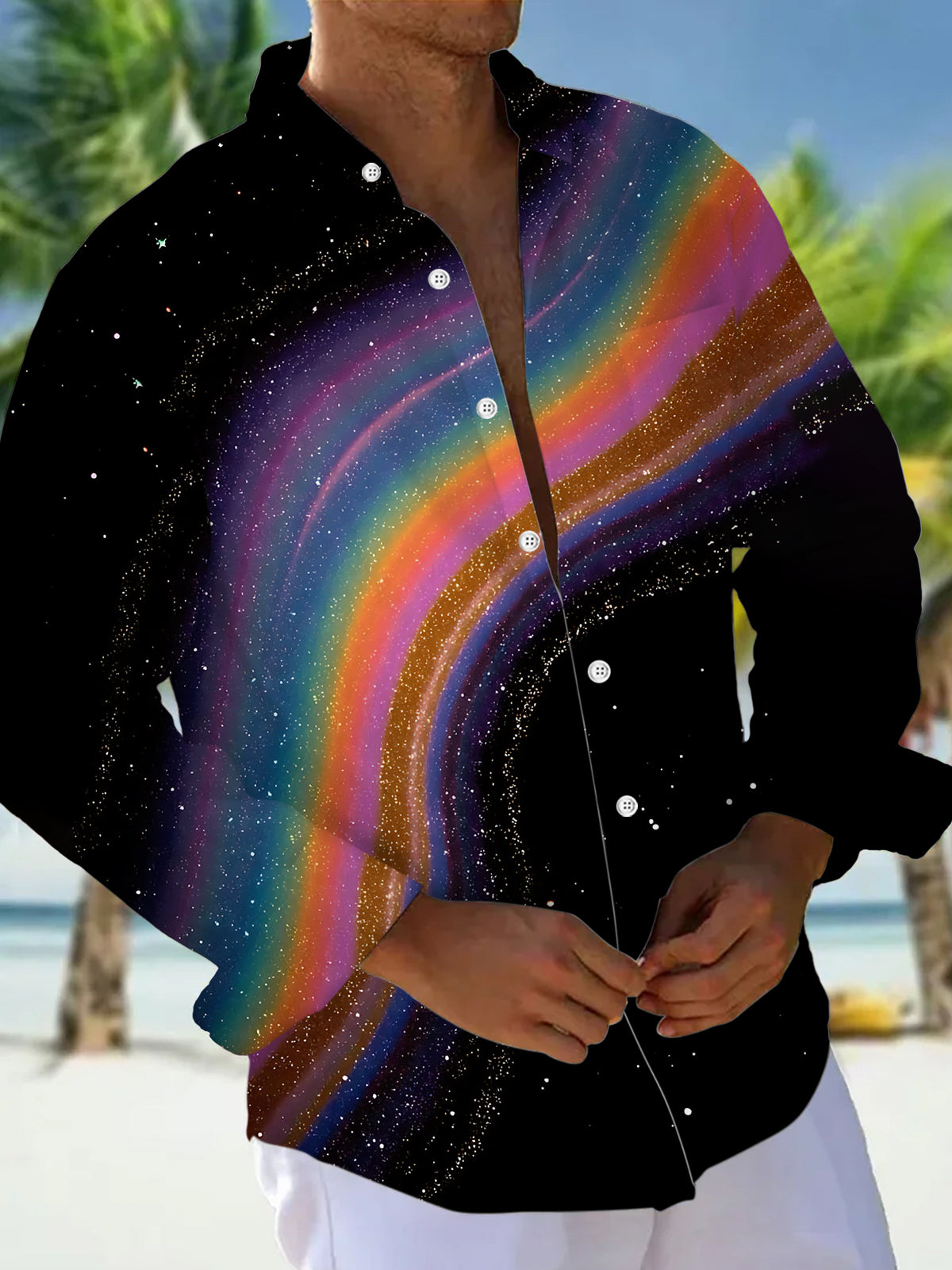 Cosmic Galaxy Print Men's Pocket Long Sleeve Shirts