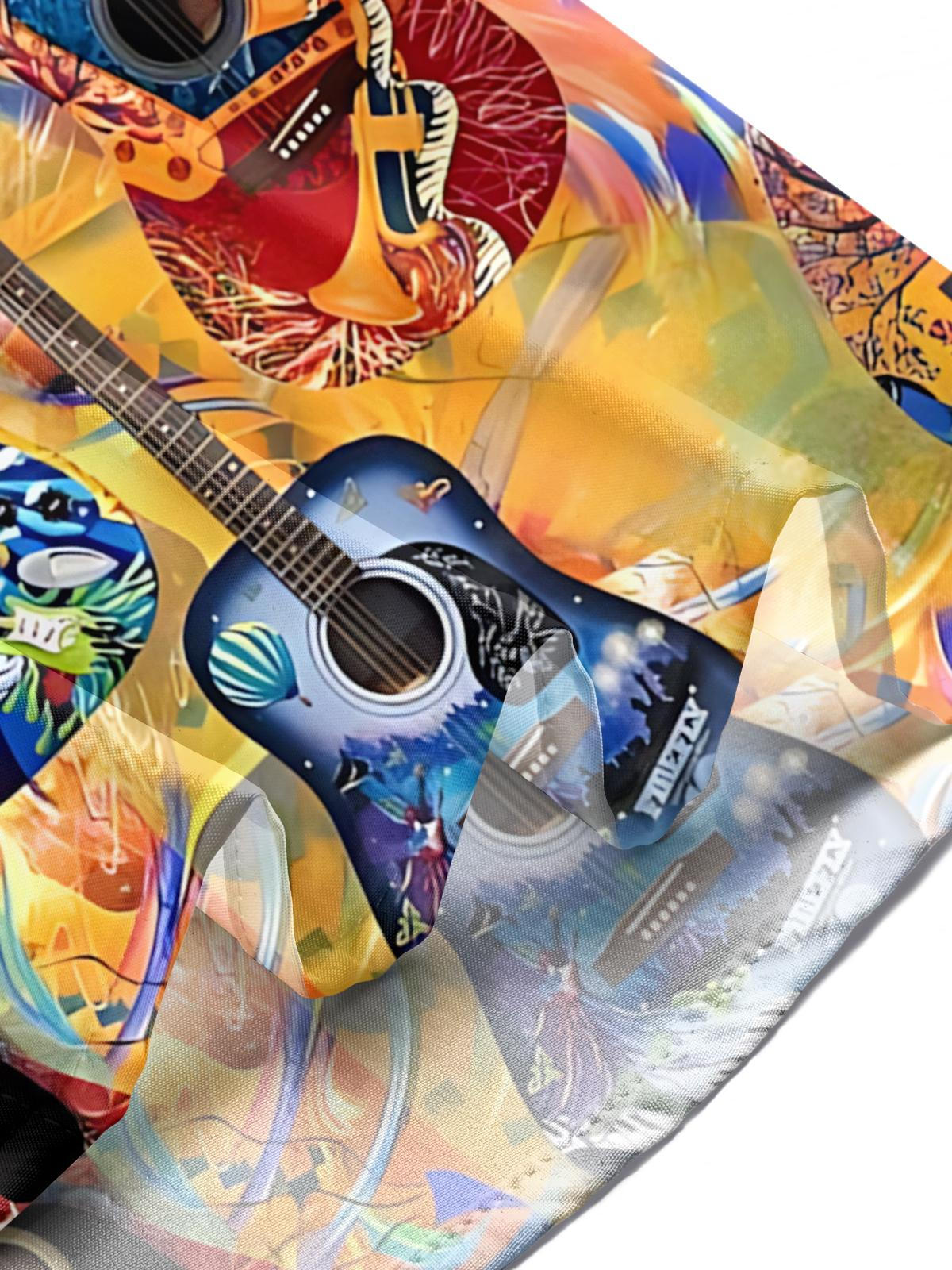 Hawaiian Guitar Print Men's Pocket Short Sleeve Shirts