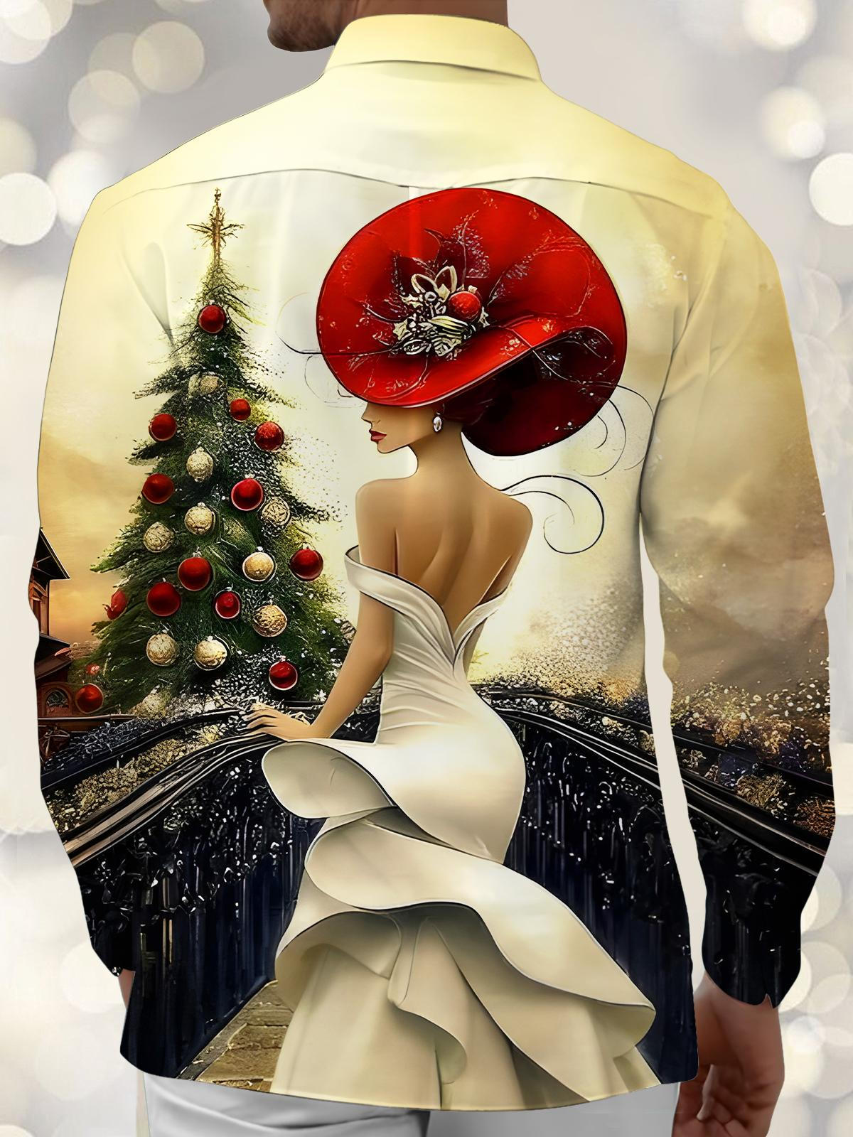 Retro Beauty Gazes At Christmas Tree Xmas Men's Pocket Long Sleeve Shirts