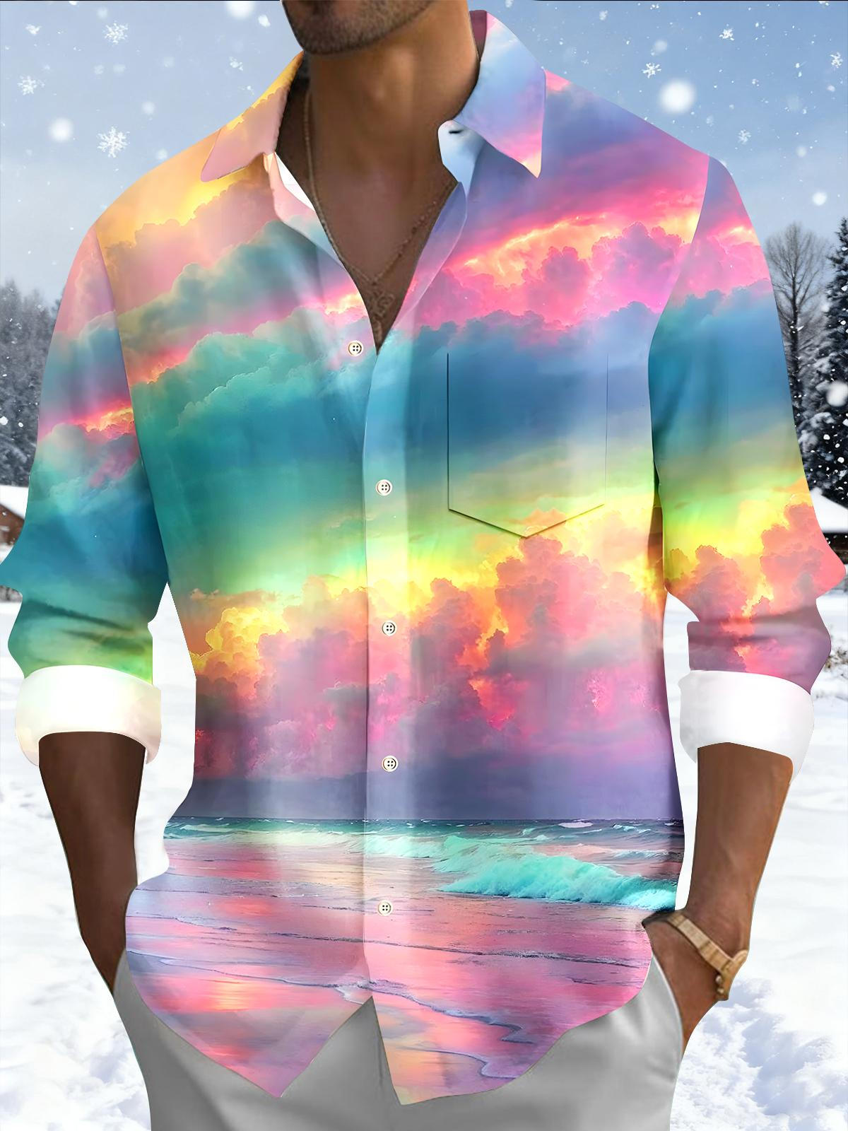 Cloud Tie Dye Men's Pocket Long Sleeve Shirts