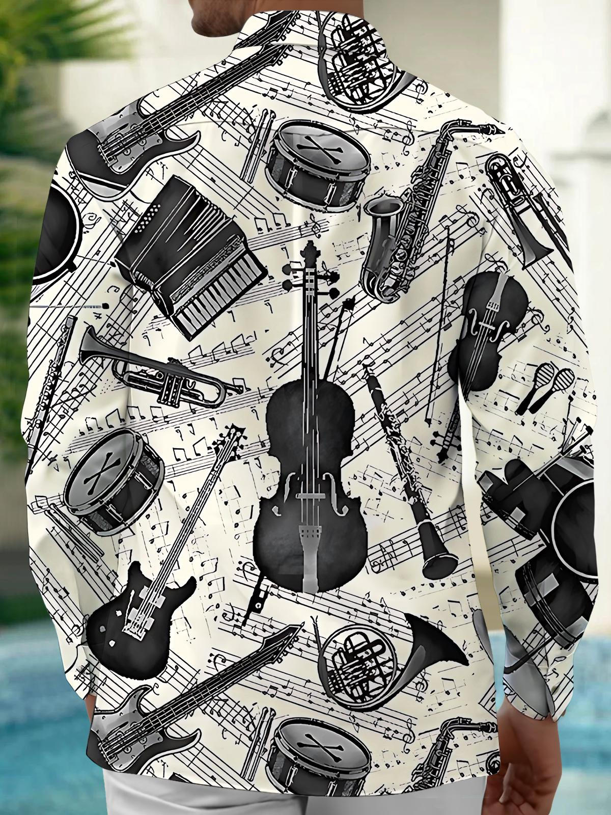 Vintage Musical Instrument Note Print Men's Pocket Long Sleeve Shirts