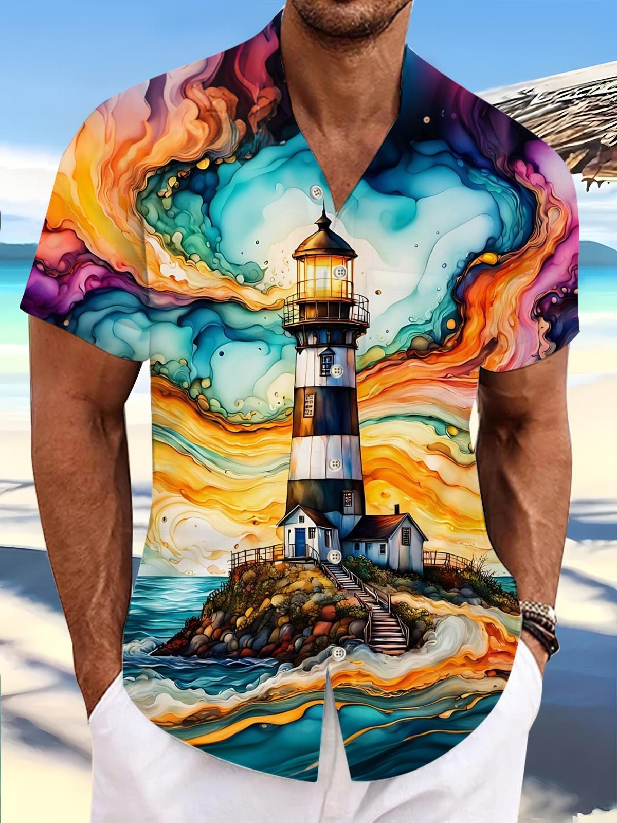 Lighthouse Print Men's Pocket Short Sleeve Shirts