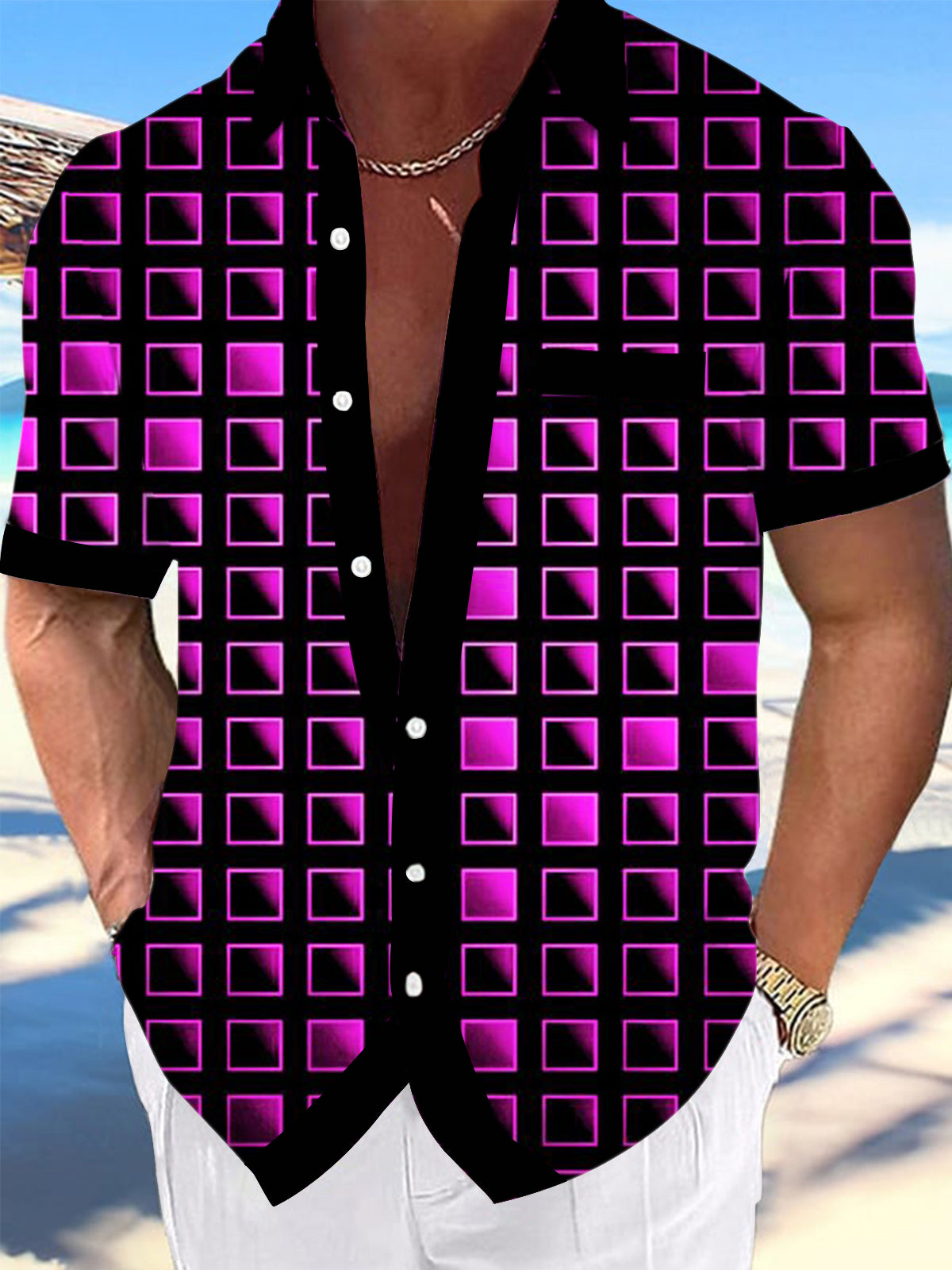 Geometric Square Print Men's Pocket Short Sleeve Shirts