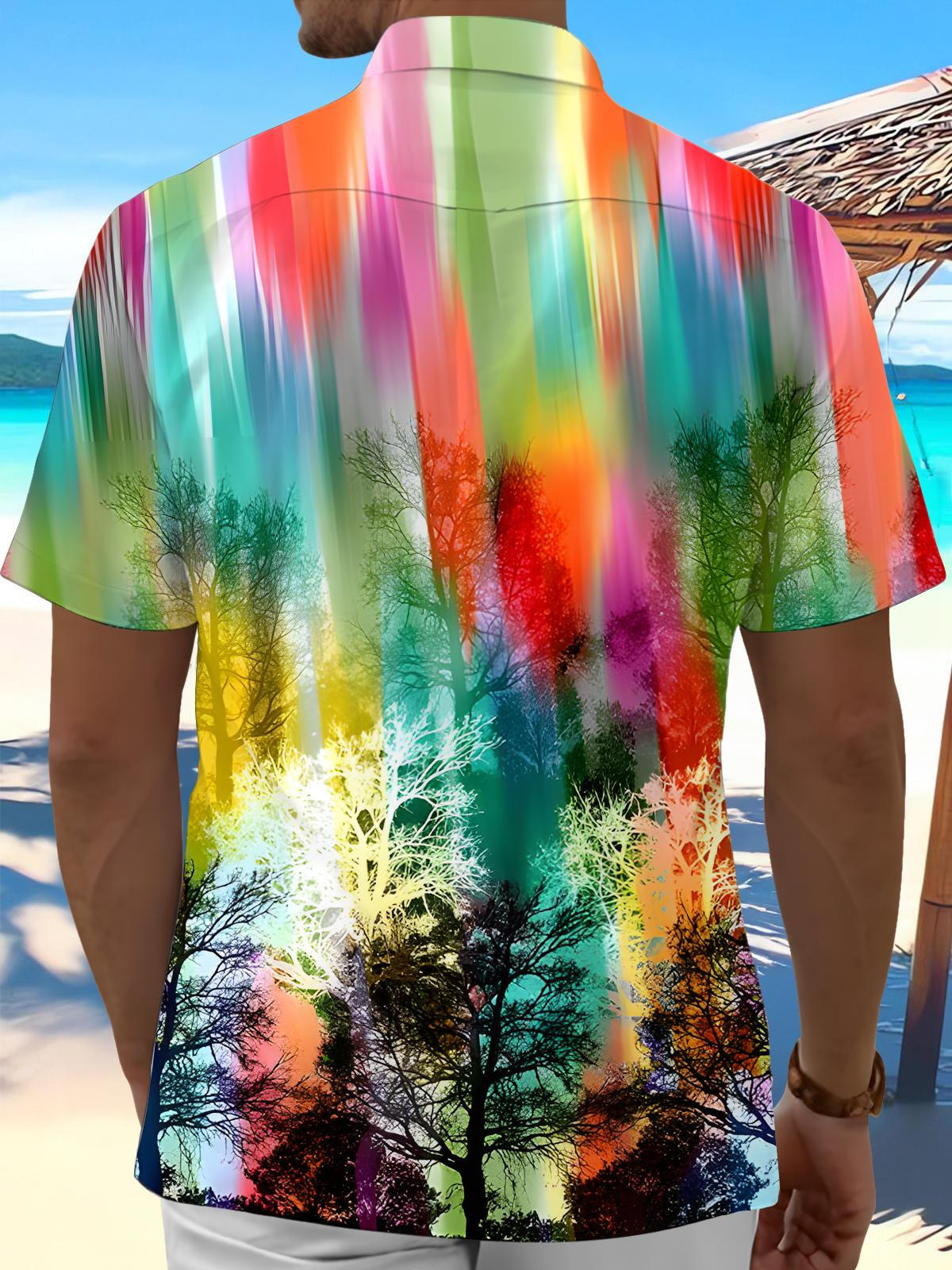 Forest Rainbow Print Men's Pocket Short Sleeve Shirts