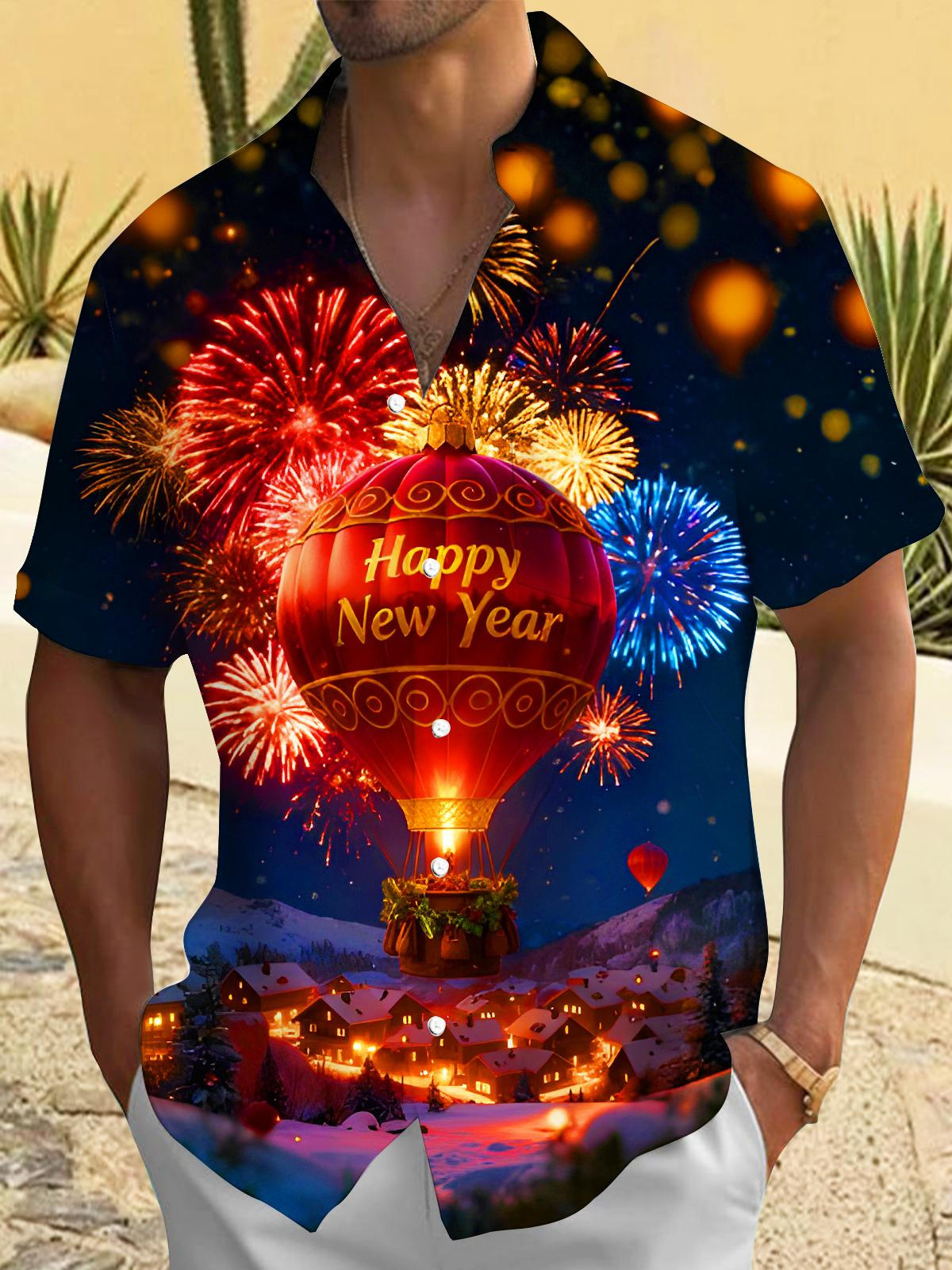 Festive New Year Hot Air Balloons Fireworks Men's Pocket Short Sleeve Shirts