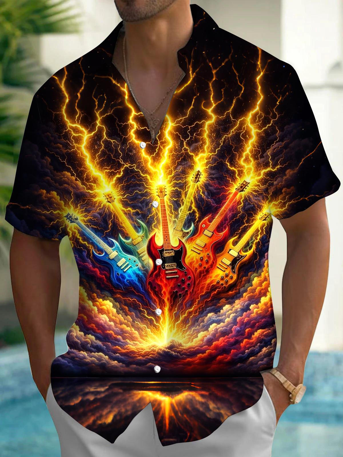 Guitar Lightning Art Print Men's Pocket Short Sleeve Shirts