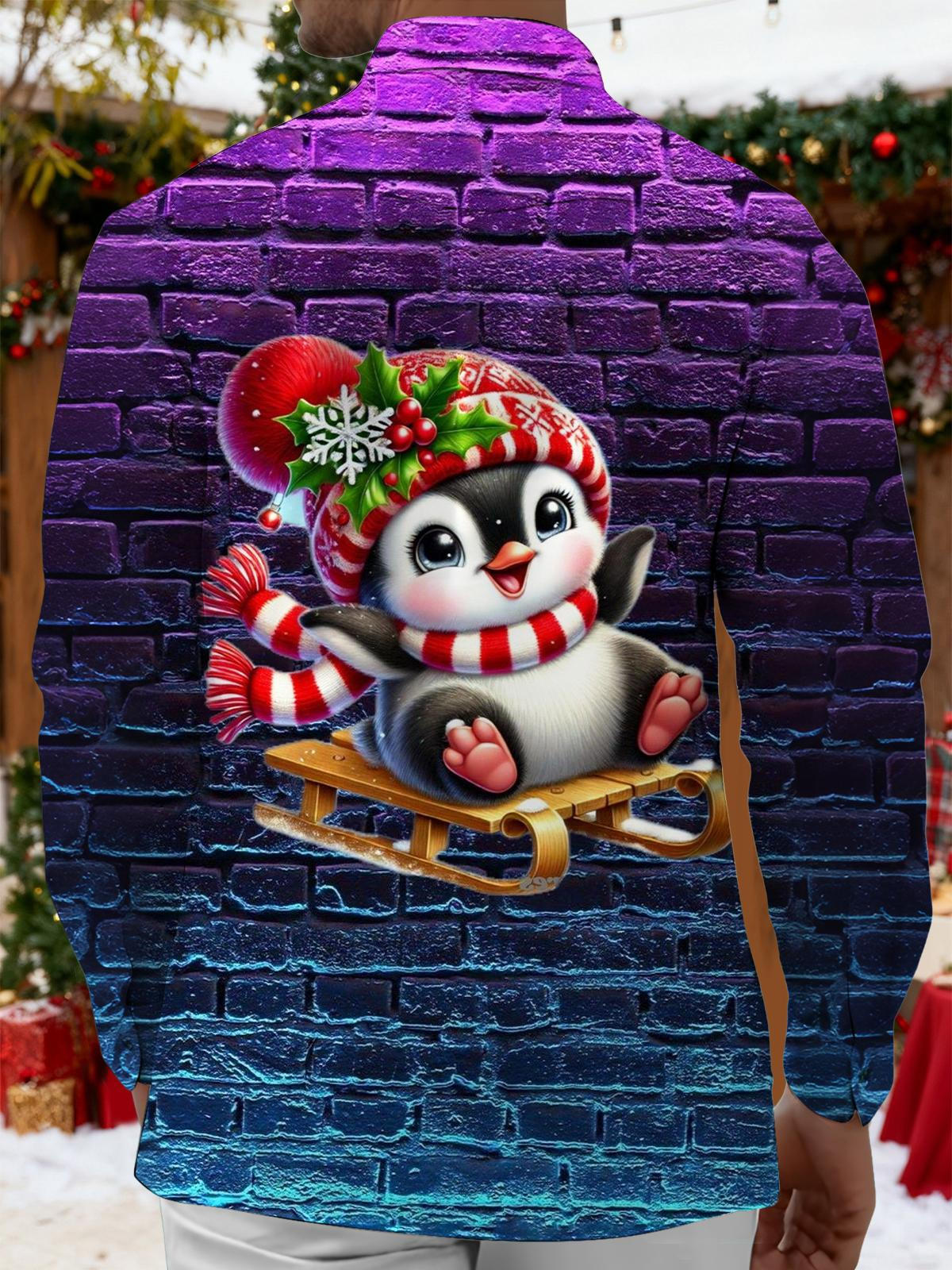 Christmas Penguin Print Men's Pocket Long Sleeve Shirts