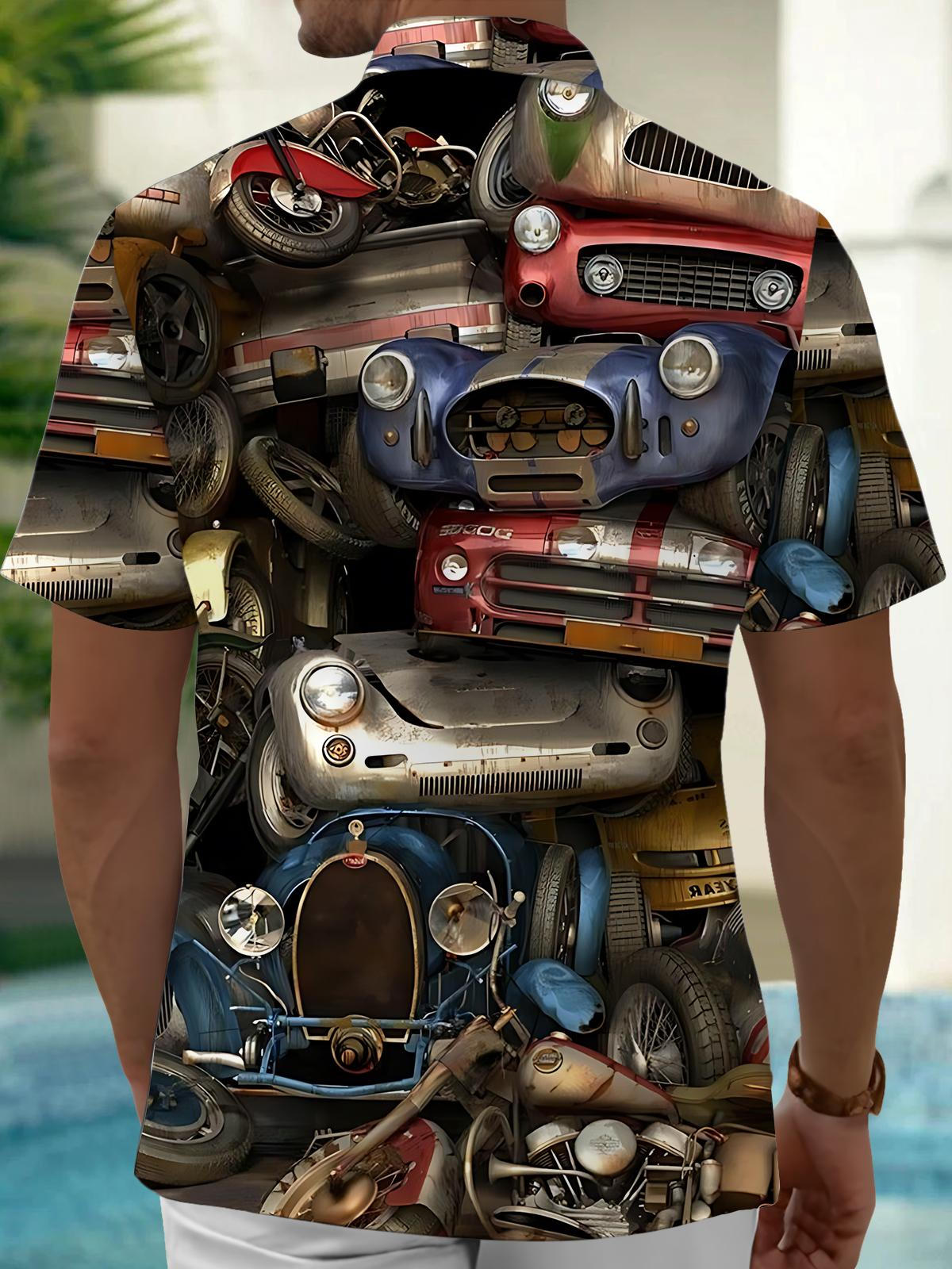 Vintage Car Print Men's Pocket Short Sleeve Shirts