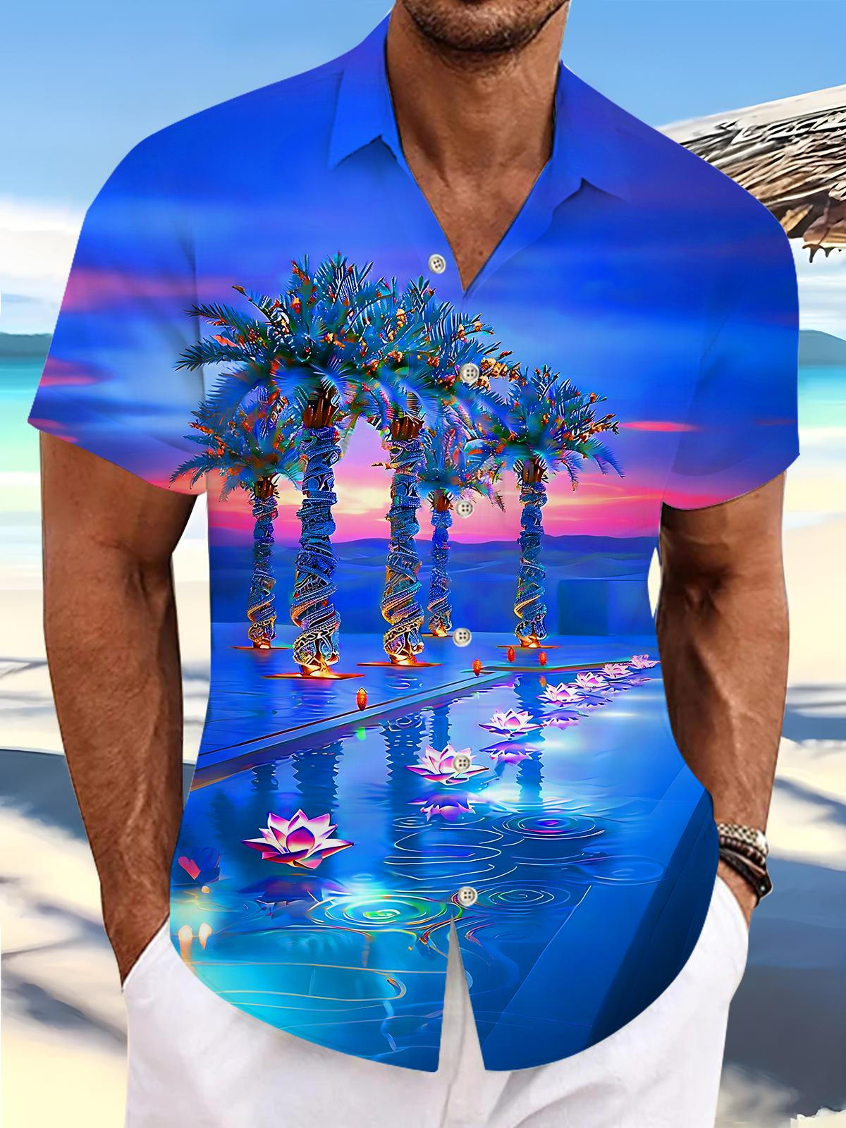 Hawaiian Palm Tree Water Lily Men's Pocket Short Sleeve Shirts