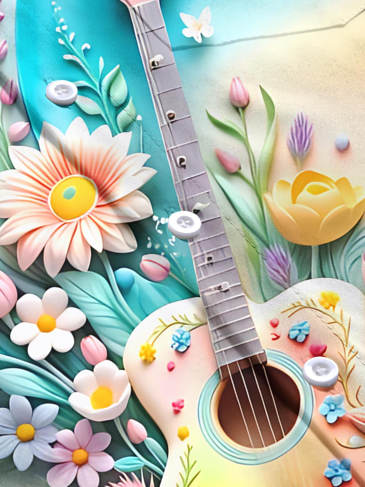 Floral Guitar Art Print Men's Pocket Long Sleeve Shirts