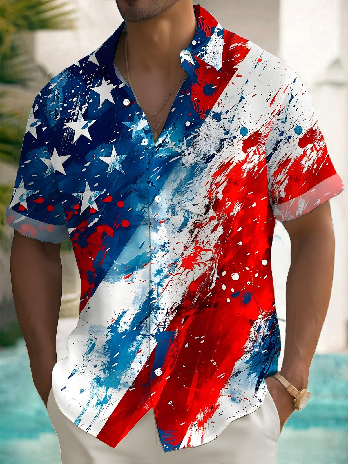 American Flag Tie Dye Print Men's Pocket Short Sleeve Shirts